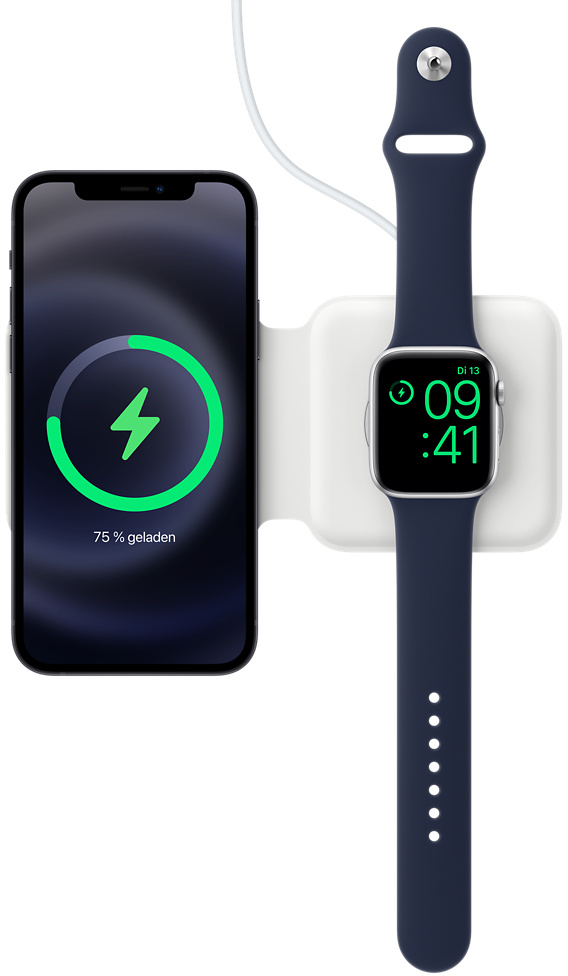 Un téléphone se chargeant sur un socle blanc, avec une Apple Watch à côté.
