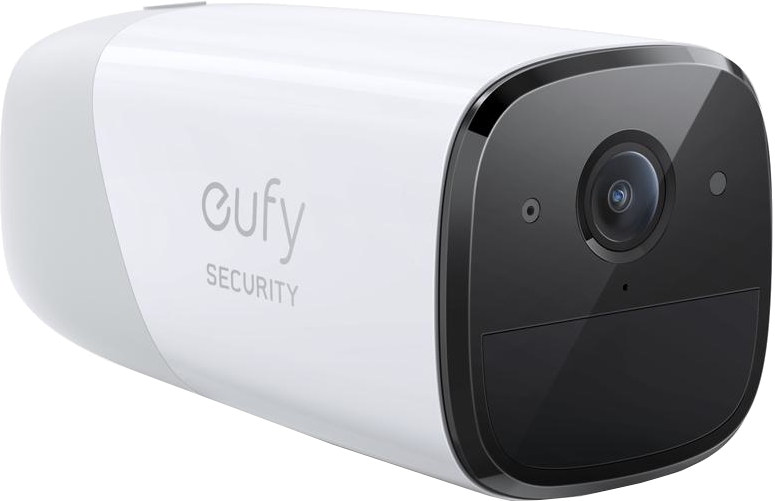 Witte eufy beveiligingscamera met een zwarte lens aan de voorkant. Heeft een afgerond ontwerp.