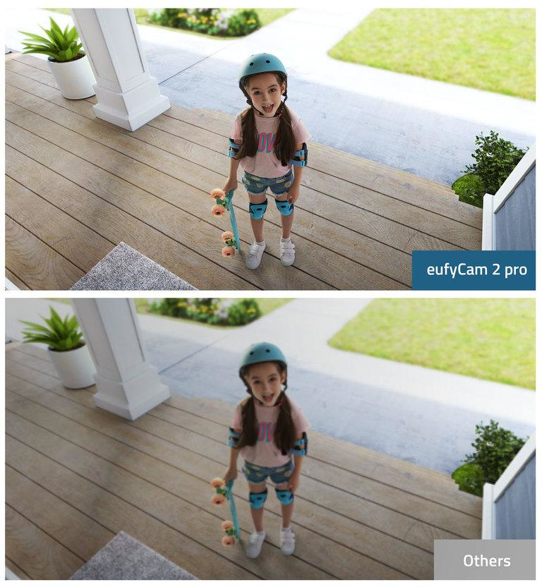 Een gesplitste afbeelding toont twee camerabeelden: een kind met een skateboard. Eén is gelabeld 'eufyCam 2 pro'.