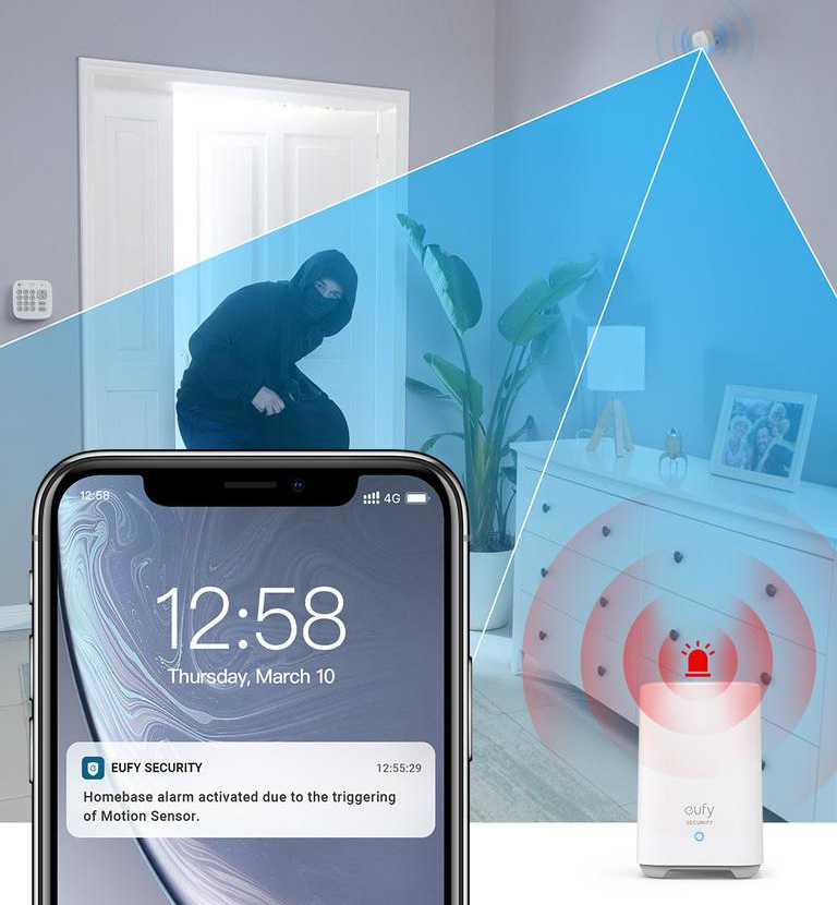 A home security system, phone showing a notification, and a burglar.