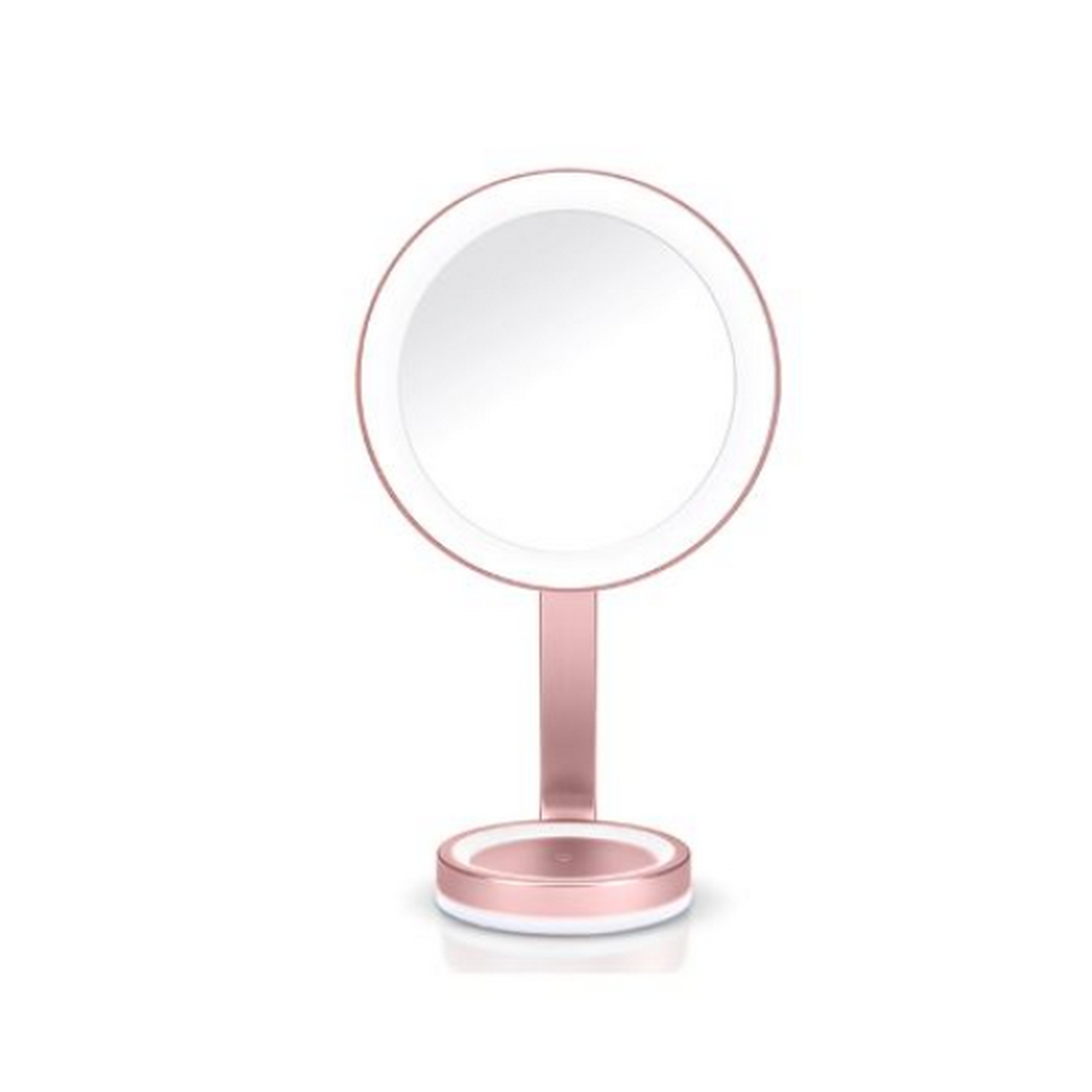 Un espejo de tocador iluminado en oro rosa sobre un fondo blanco.