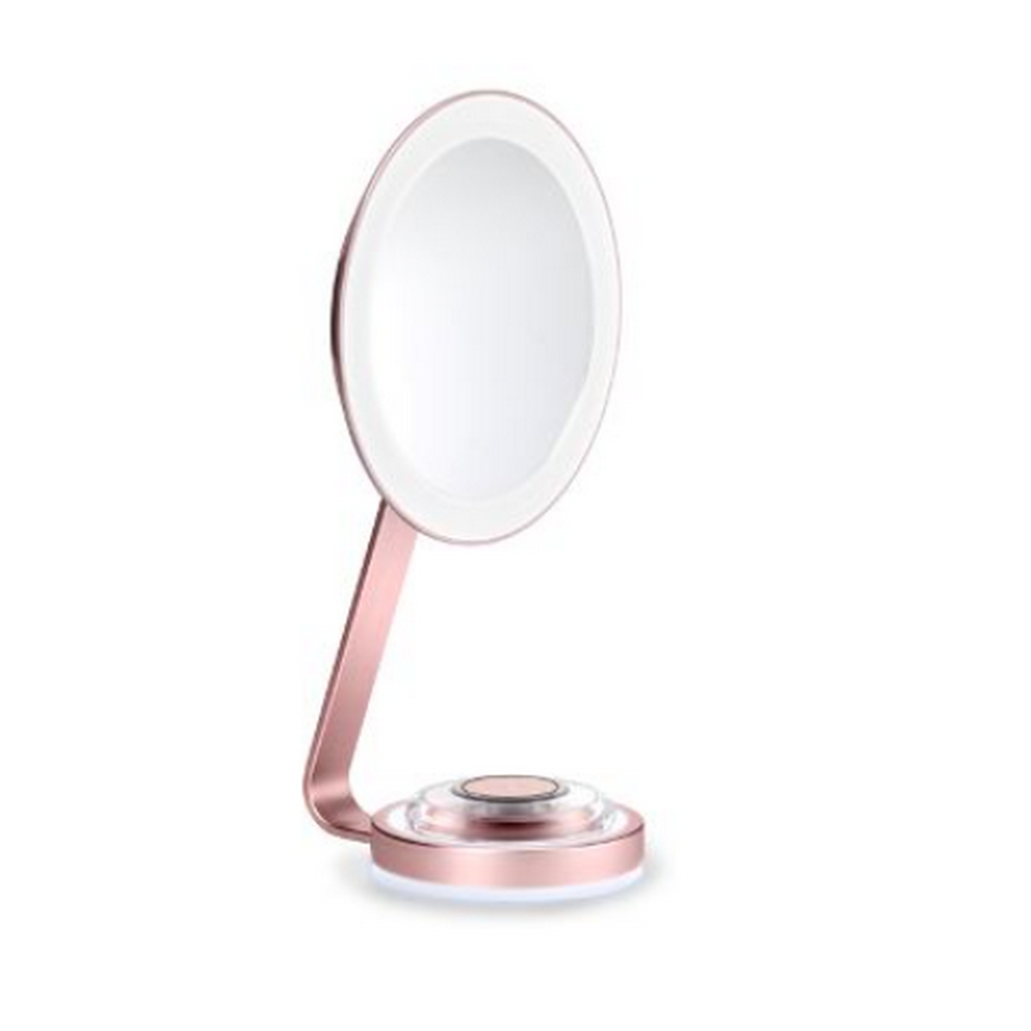 Un espejo de tocador iluminado de oro rosa con luz circular alrededor.