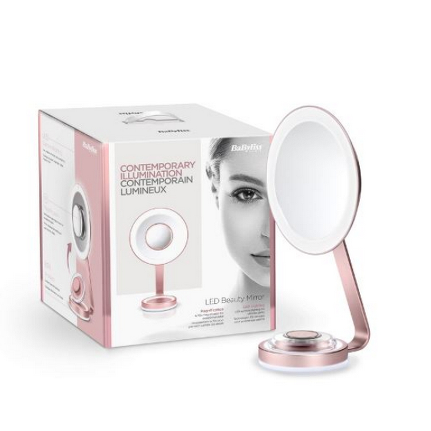 Un espejo de belleza LED de oro rosa con una caja detrás.