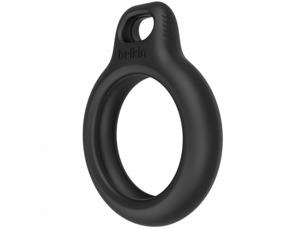Un soporte negro para AirTag de Belkin con diseño de bucle.