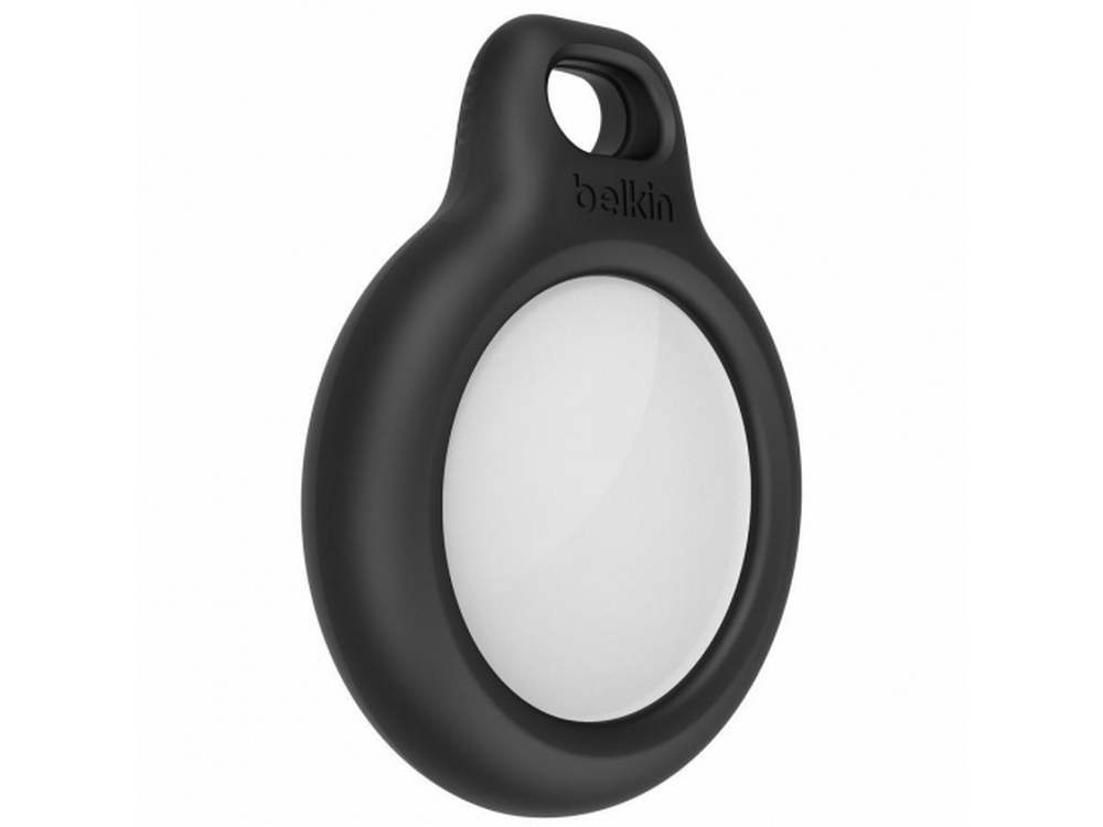 Funda negra Belkin AirTag con un Apple AirTag blanco en su interior.