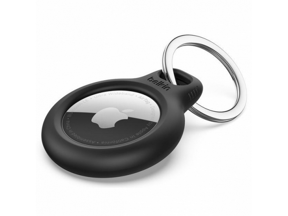 Belkin AirTag negro con llavero plateado. Logotipo de Apple visible.