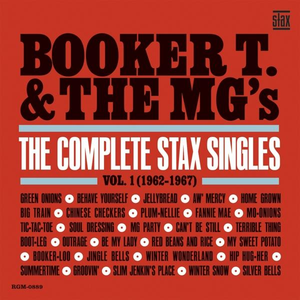 Albumhoes, Booker T. & the MGs, tekst in rood en blauw, met een lijst van nummers.