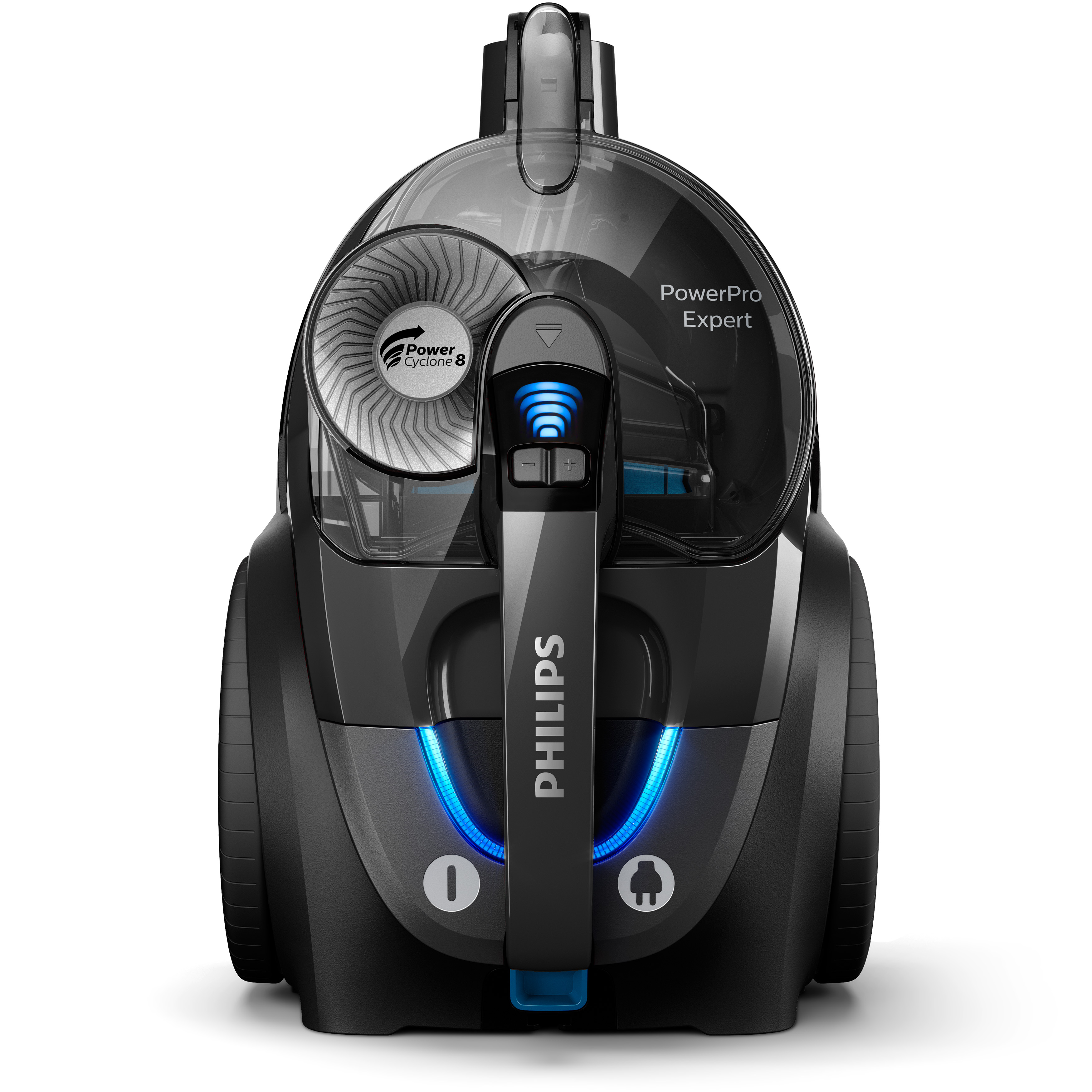 Ein Philips PowerPro Expert Staubsauger, dunkelgrau mit blauen Akzenten.