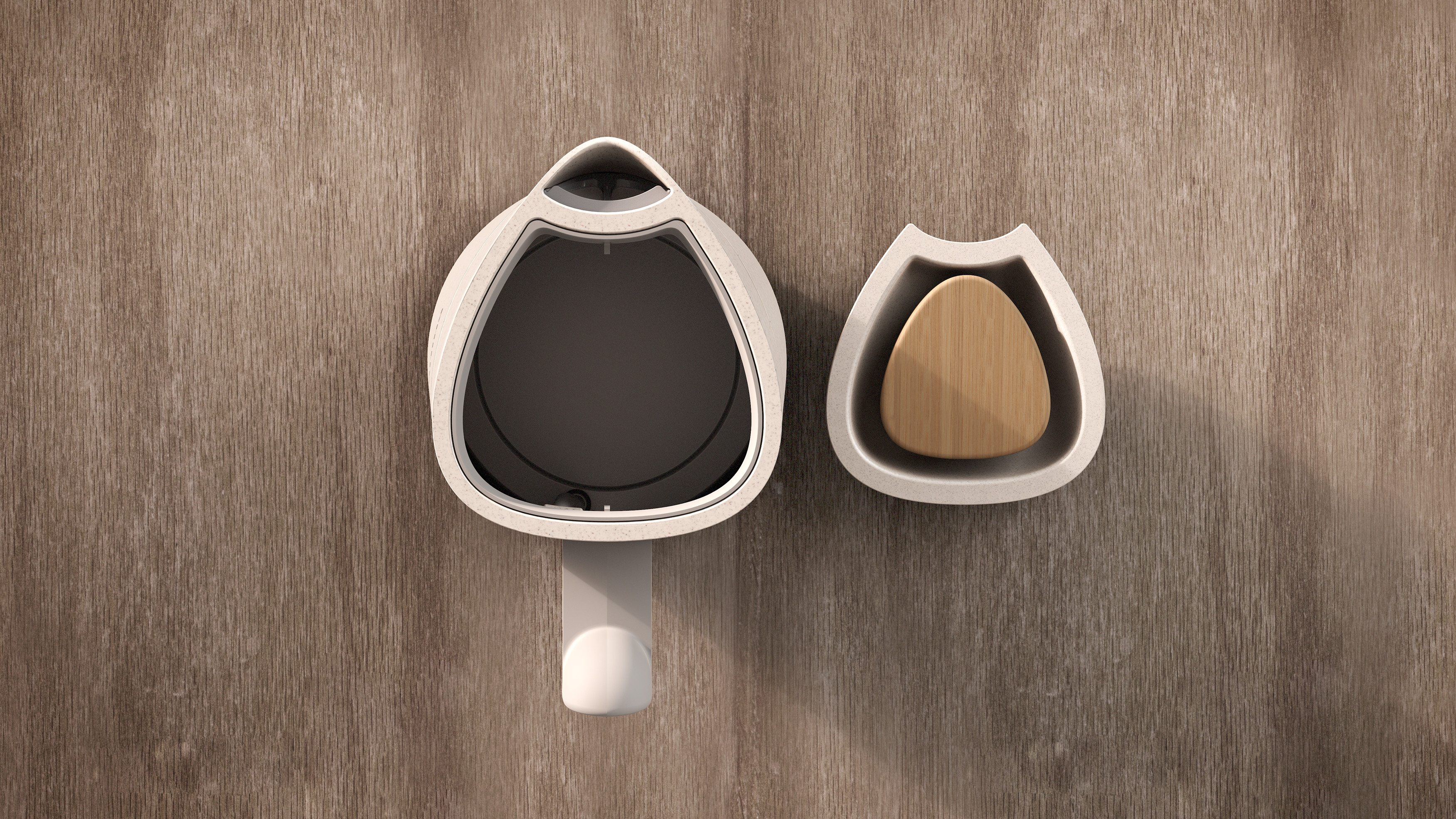 Ein weißer Seifenhalter und -schale auf Holzgrund, modernes Design.