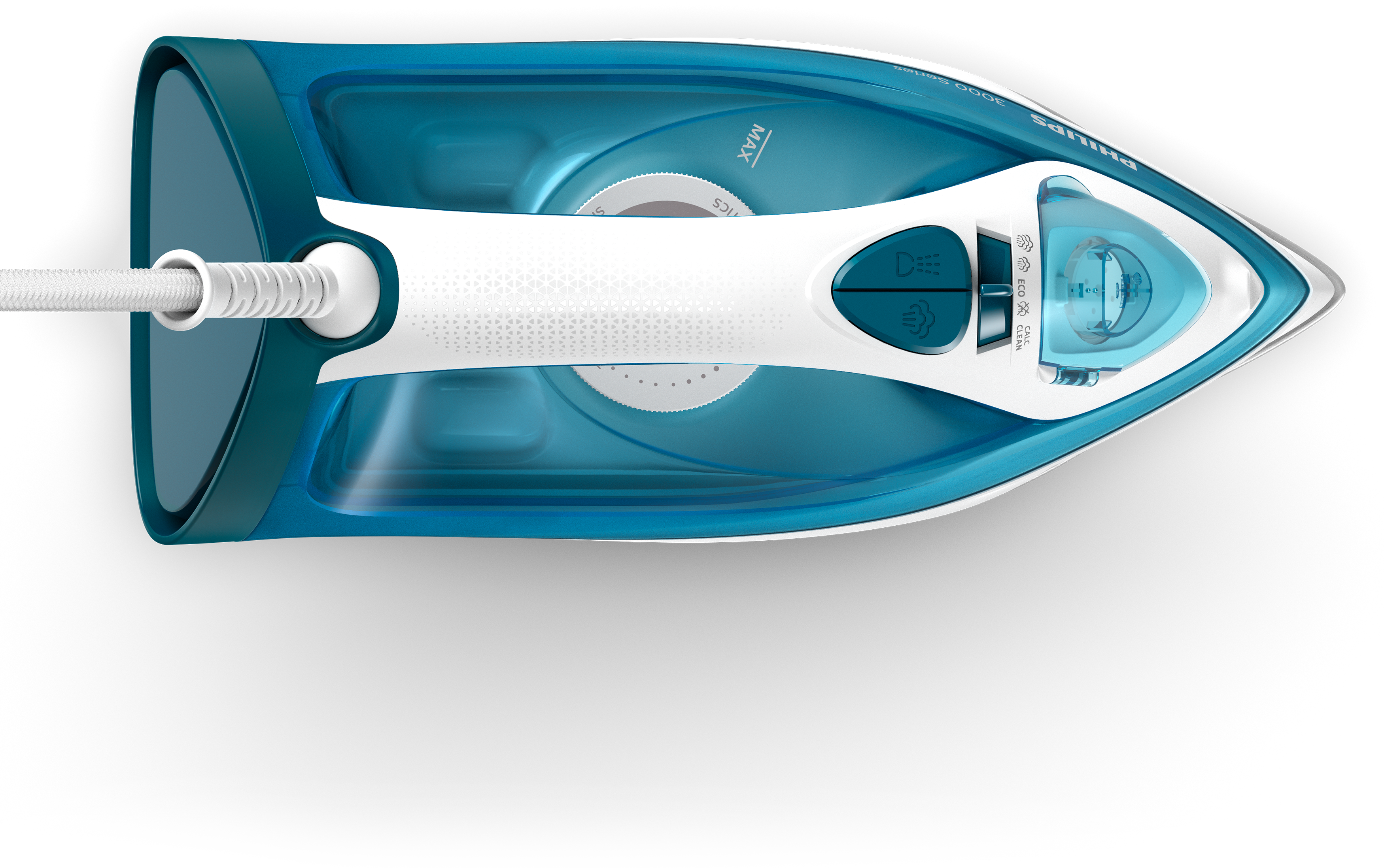 Ein blau-weißes Philips-Bügeleisen, Draufsicht, mit sichtbaren Knöpfen und Einstellungen, auf schwarzem Hintergrund.