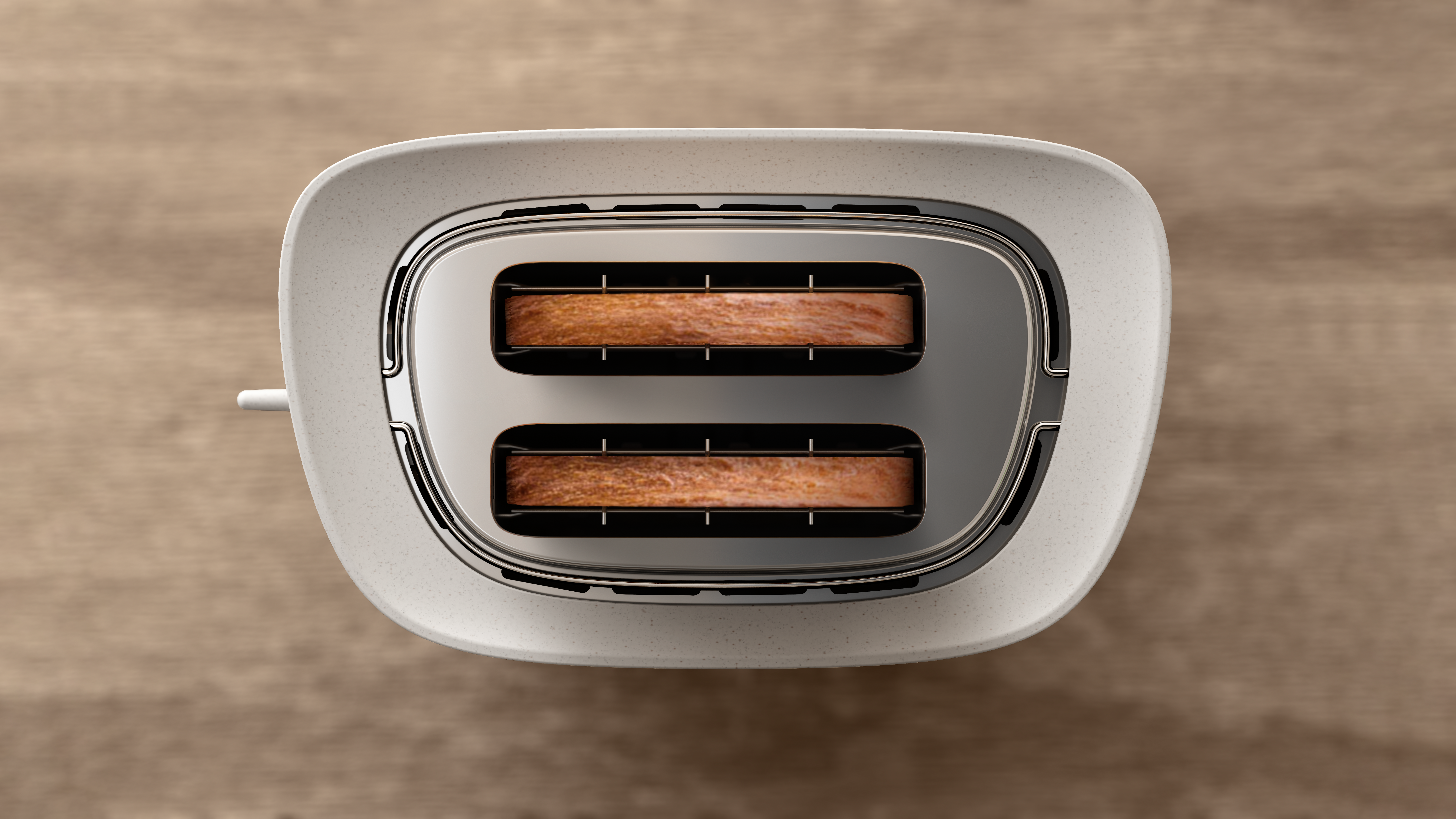 Draufsicht auf einen weißen Toaster mit zwei Schlitzen, zeigt getoastetes Brot.
