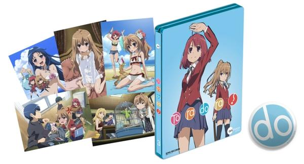 Anime-Bilder, eine Blu-ray-Hülle mit Toradora-Charakteren und ein 'do'-Logo. Die Bilder zeigen Charaktere in verschiedenen Posen und Umgebungen.