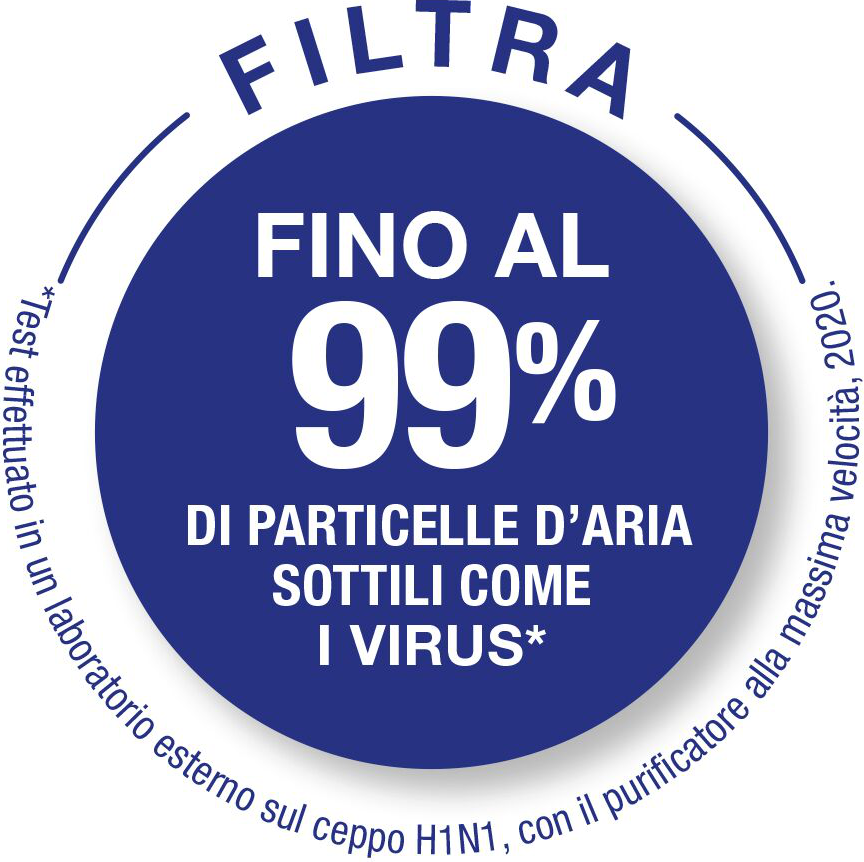 Un cercle bleu avec du texte faisant la promotion d'un filtre qui élimine 99% des virus.