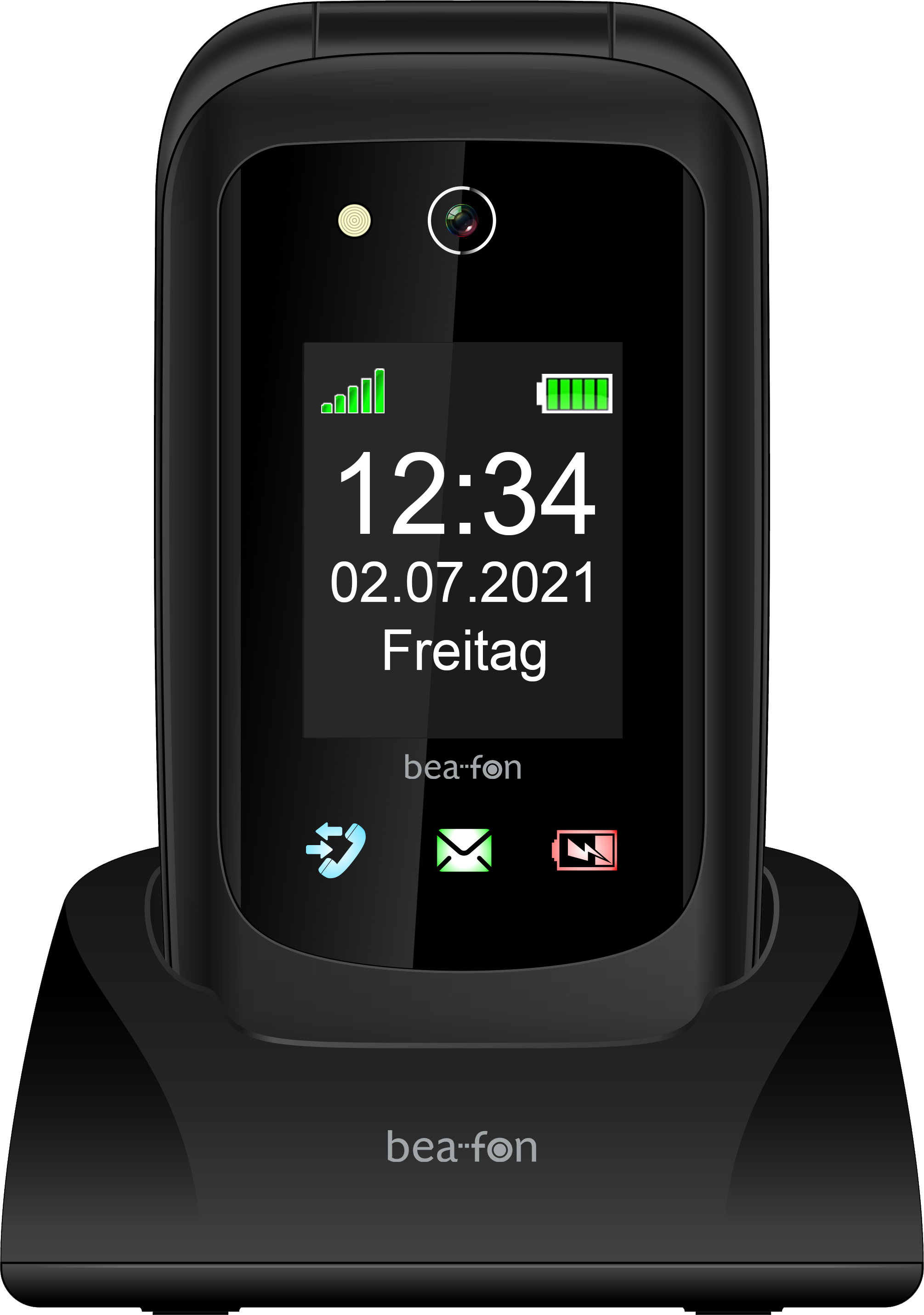 Ein schwarzes Klapphandy in einer Ladestation, das Zeit und Datum anzeigt.