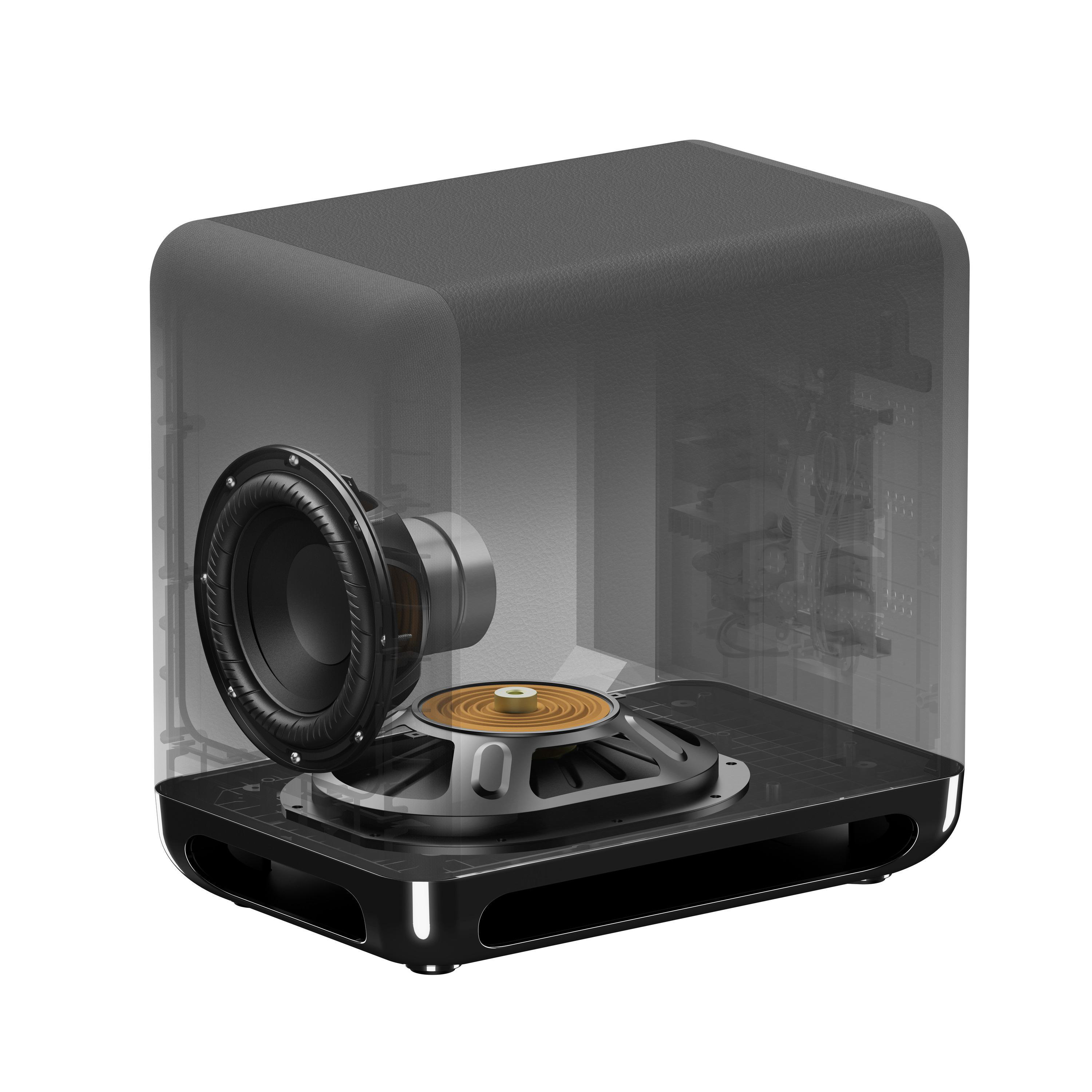 Schwarzer Subwoofer, teilweise durchsichtig. Zeigt die Lautsprecher und die internen Komponenten des Geräts.