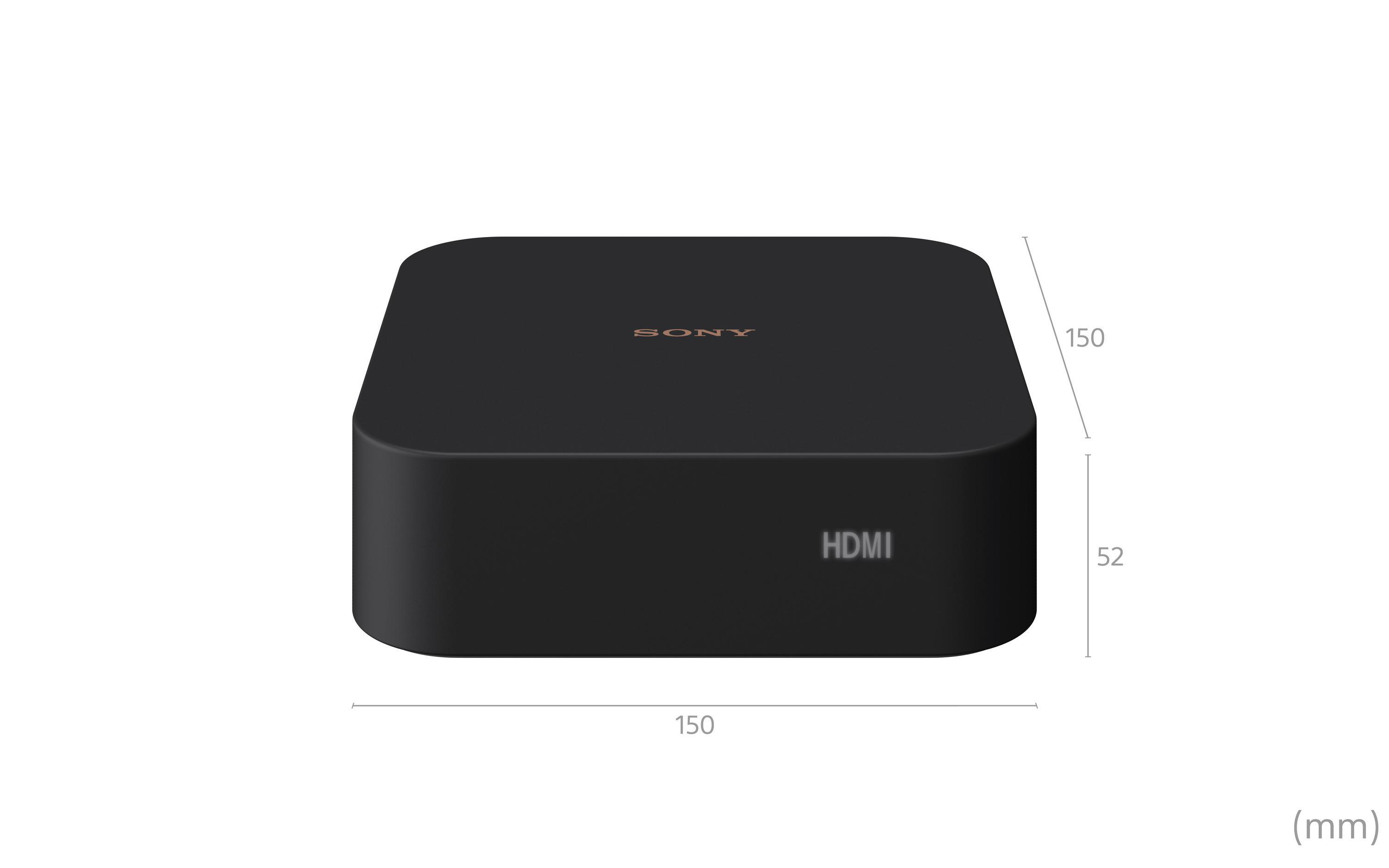 Schwarzes quadratisches Gerät mit HDMI und Sony-Logo. Maße in mm.