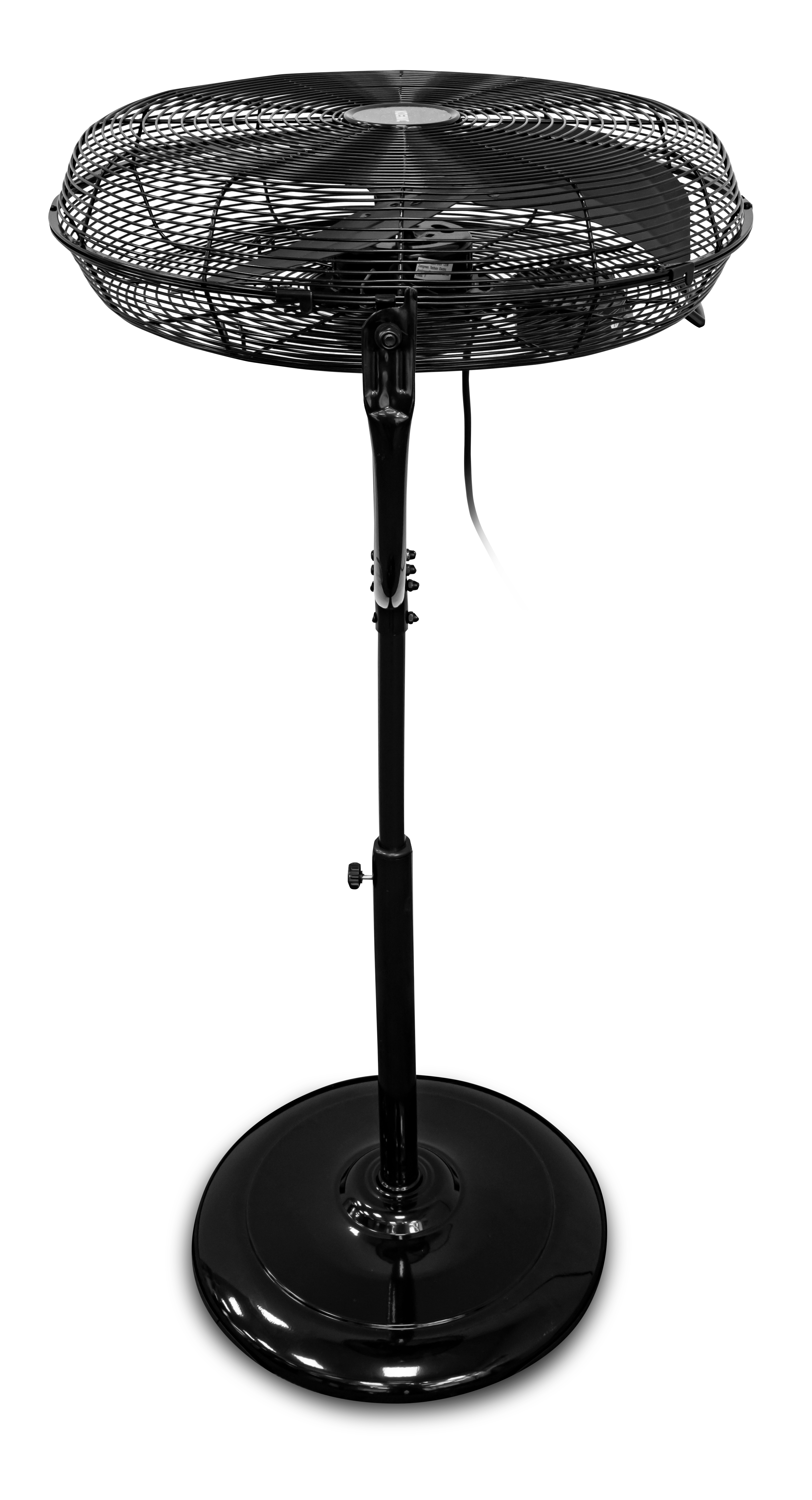 Schwarzer Standventilator mit rundem Sockel und Schutzgitter über den Flügeln.