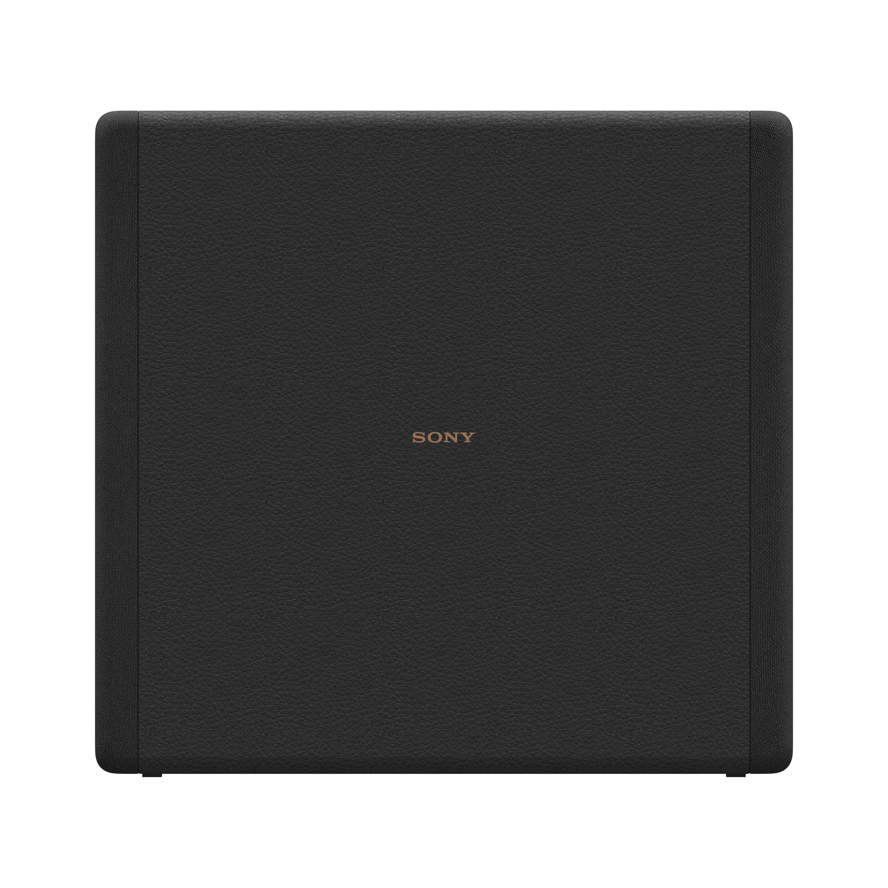 Ein schwarzer Sony-Lautsprecher mit strukturierter Front und dem Sony-Logo.