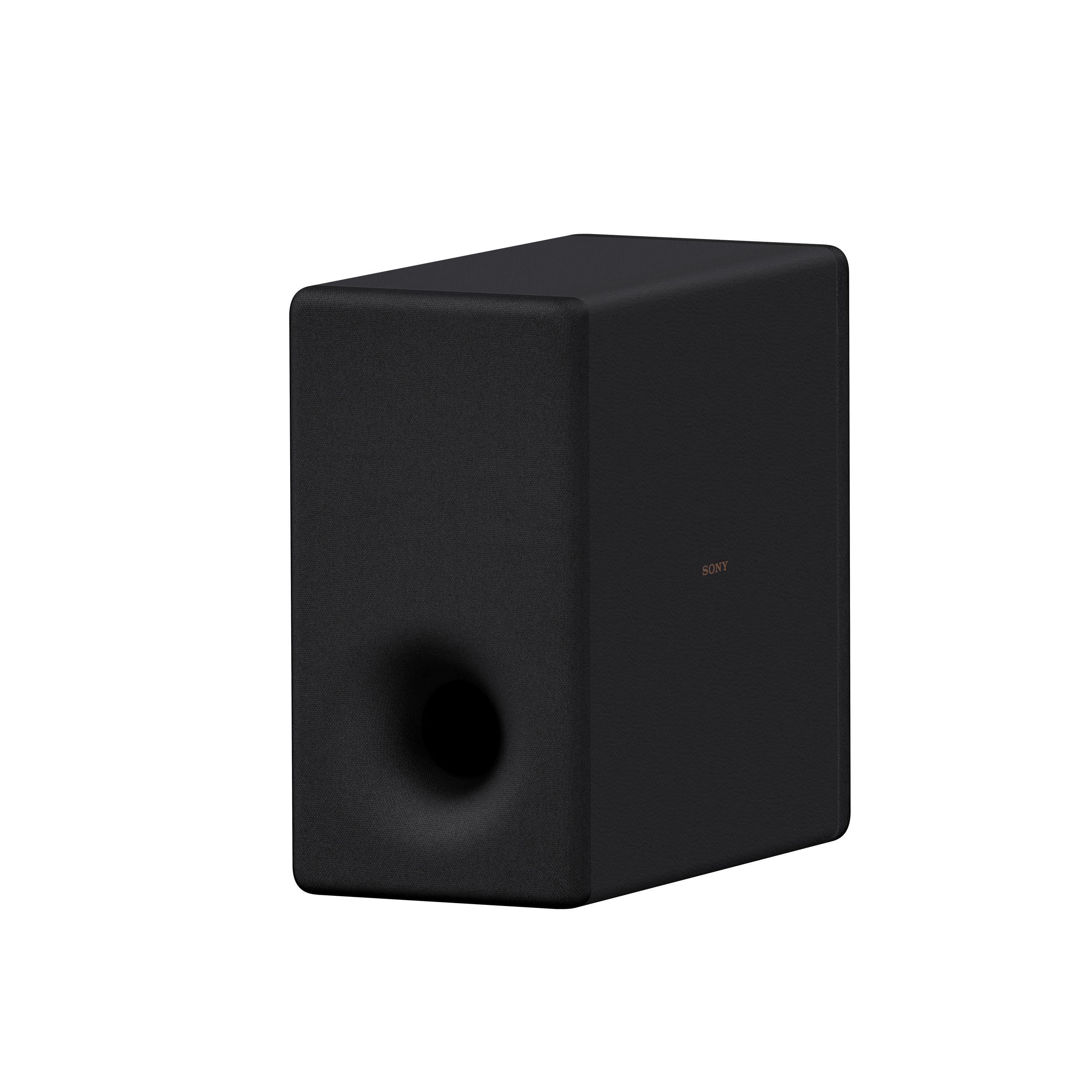 Schwarzer Subwoofer mit rundem Port. Sony-Marke an der Seite.