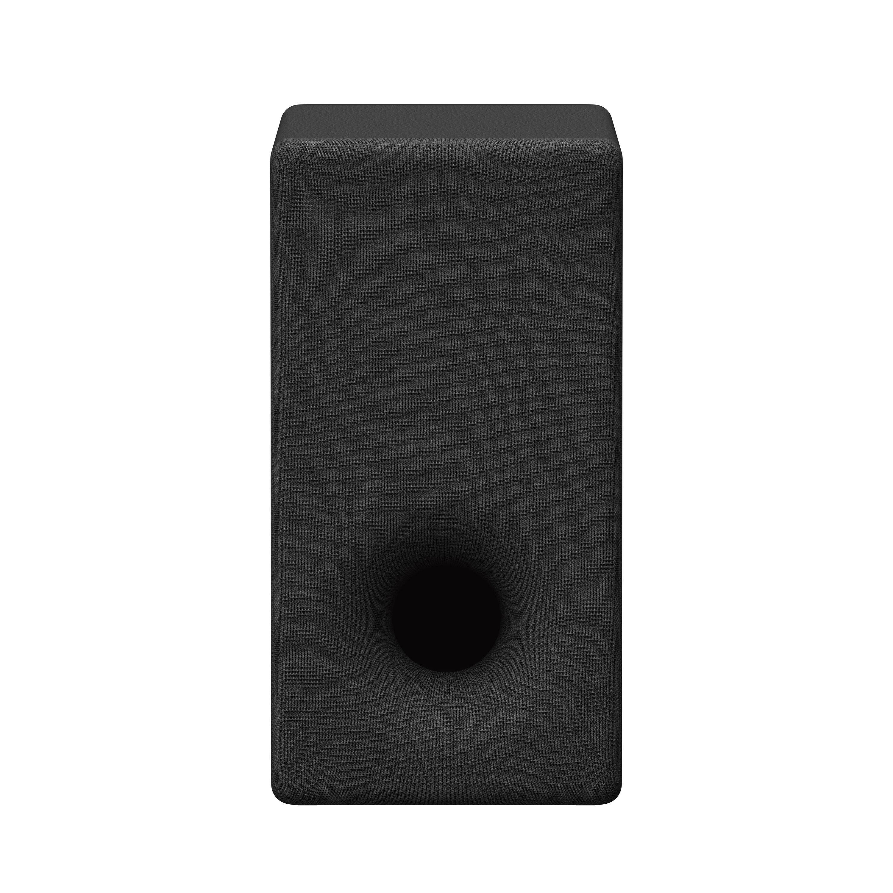 Schwarzer rechteckiger Subwoofer-Lautsprecher auf weißem Hintergrund.