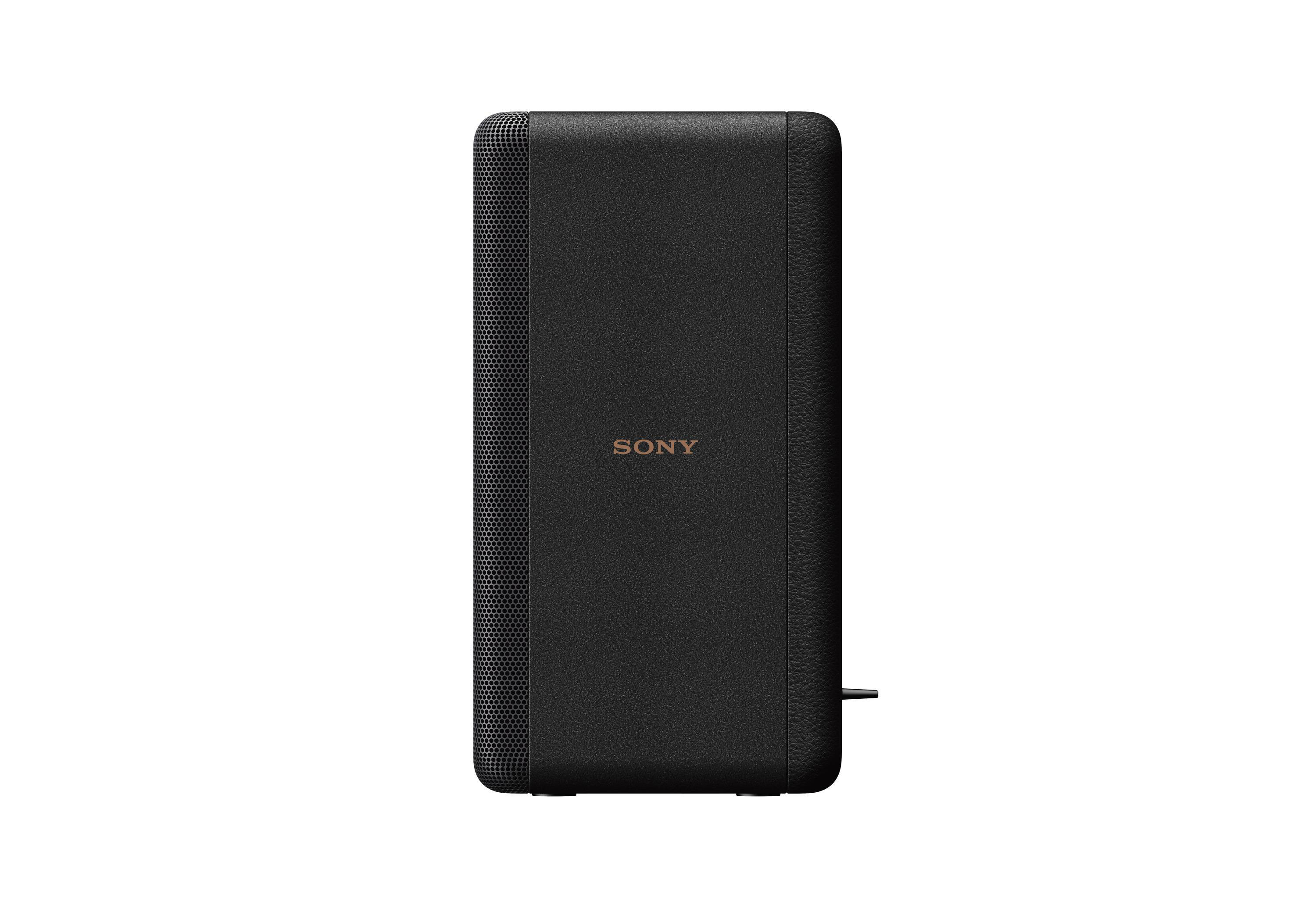 Ein schwarzer Lautsprecher mit dem Sony-Logo in der Mitte. Es hat eine rechteckige Form.