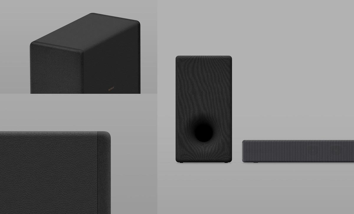 Schwarze Soundbar und Subwoofer auf grauem Hintergrund. Sony-Logo ist sichtbar.