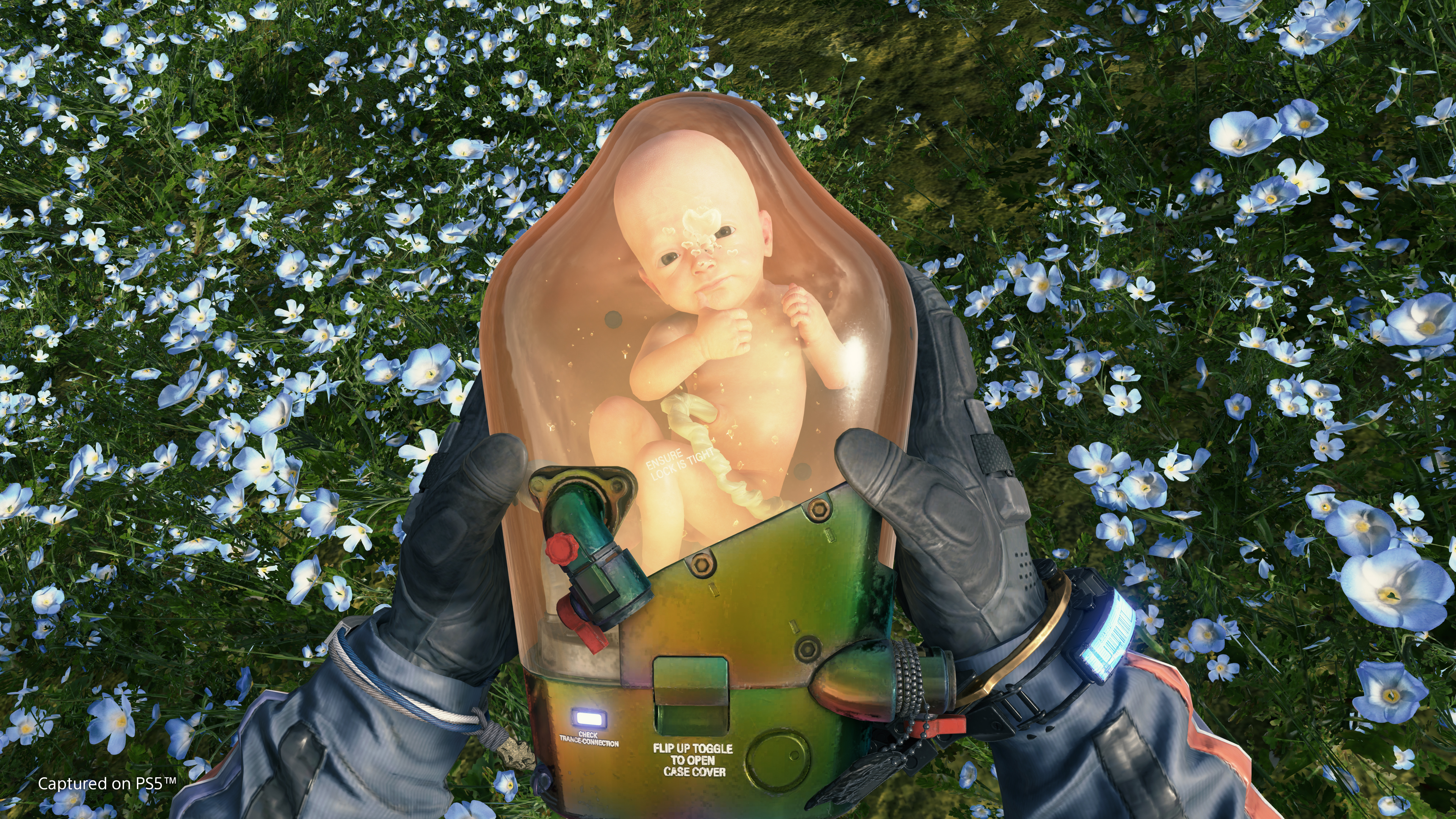 Un bambino in una capsula, tenuto da mani guantate, circondato da fiori, all'interno di un gioco.