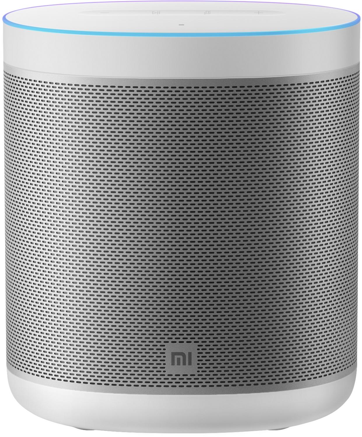 Cilindrische Xiaomi slimme speaker. Zilveren mesh, wit boven/onder, zwarte band. Witte achtergrond.