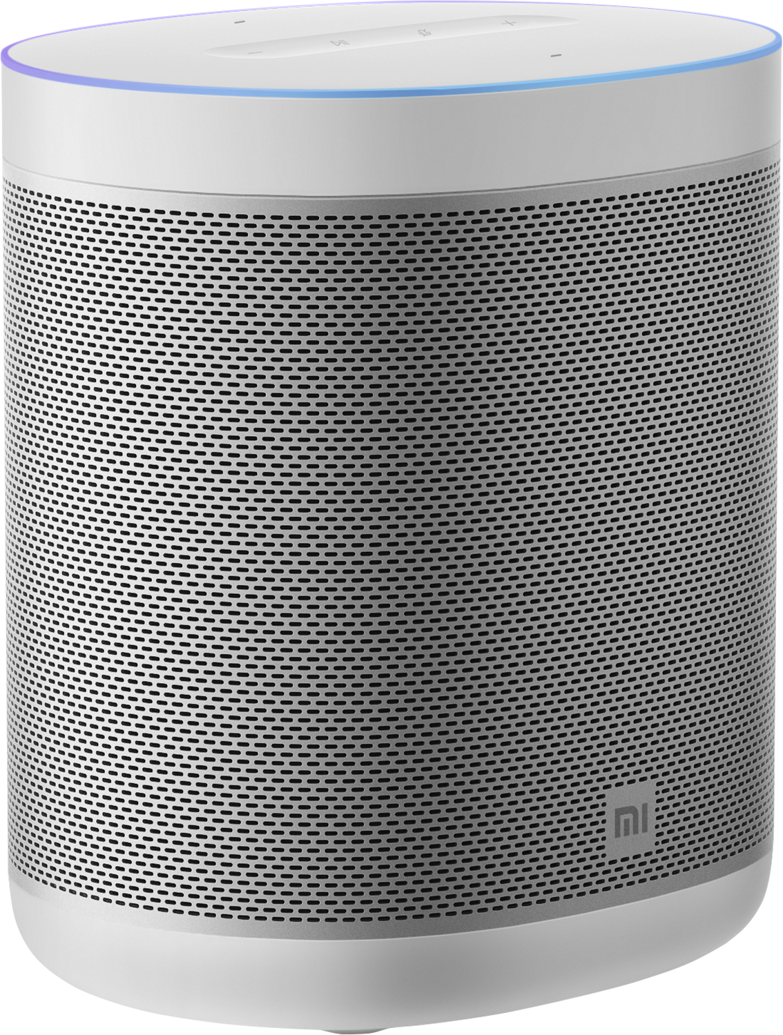 Witte Xiaomi slimme speaker met een geperforeerd ontwerp en bedieningselementen bovenop.