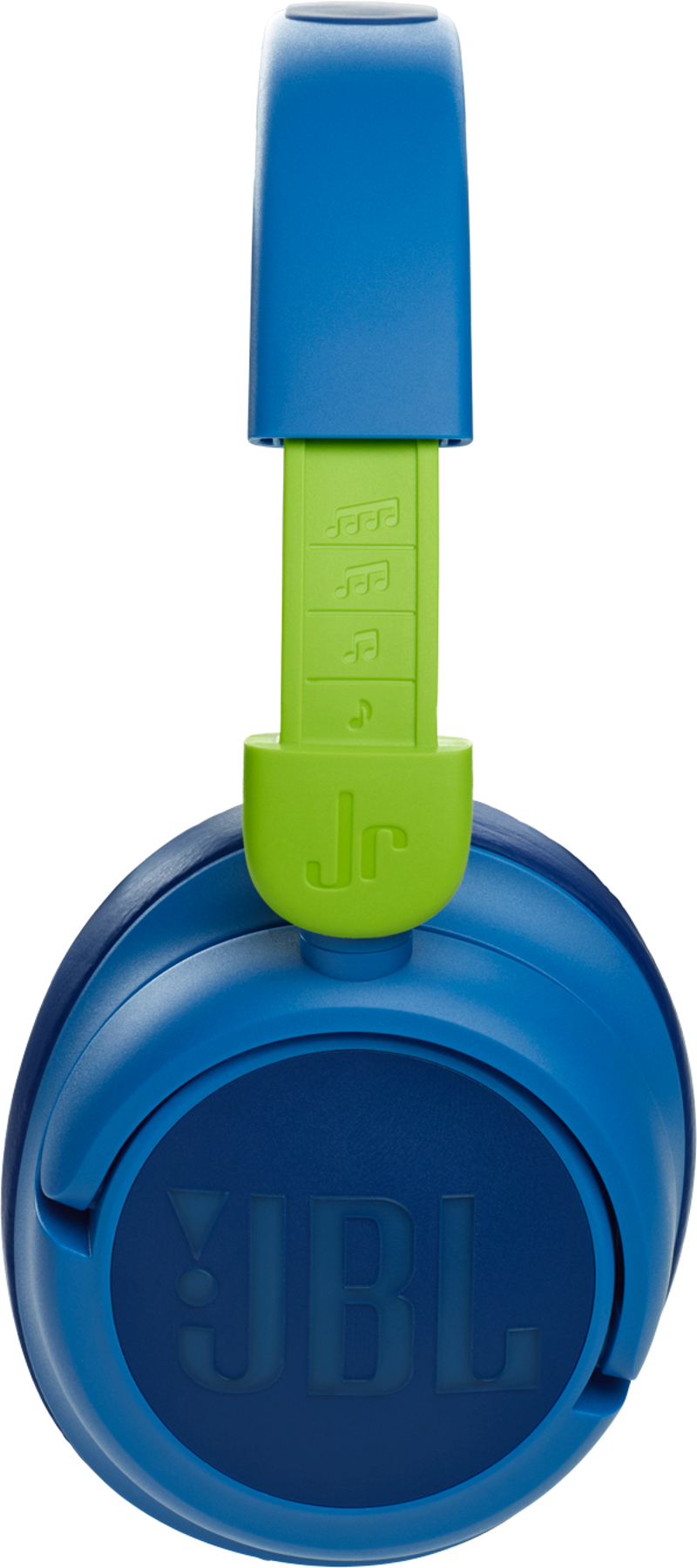 Blaue und grüne JBL Jr. Kopfhörer mit JBL-Logo auf der Ohrmuschel.