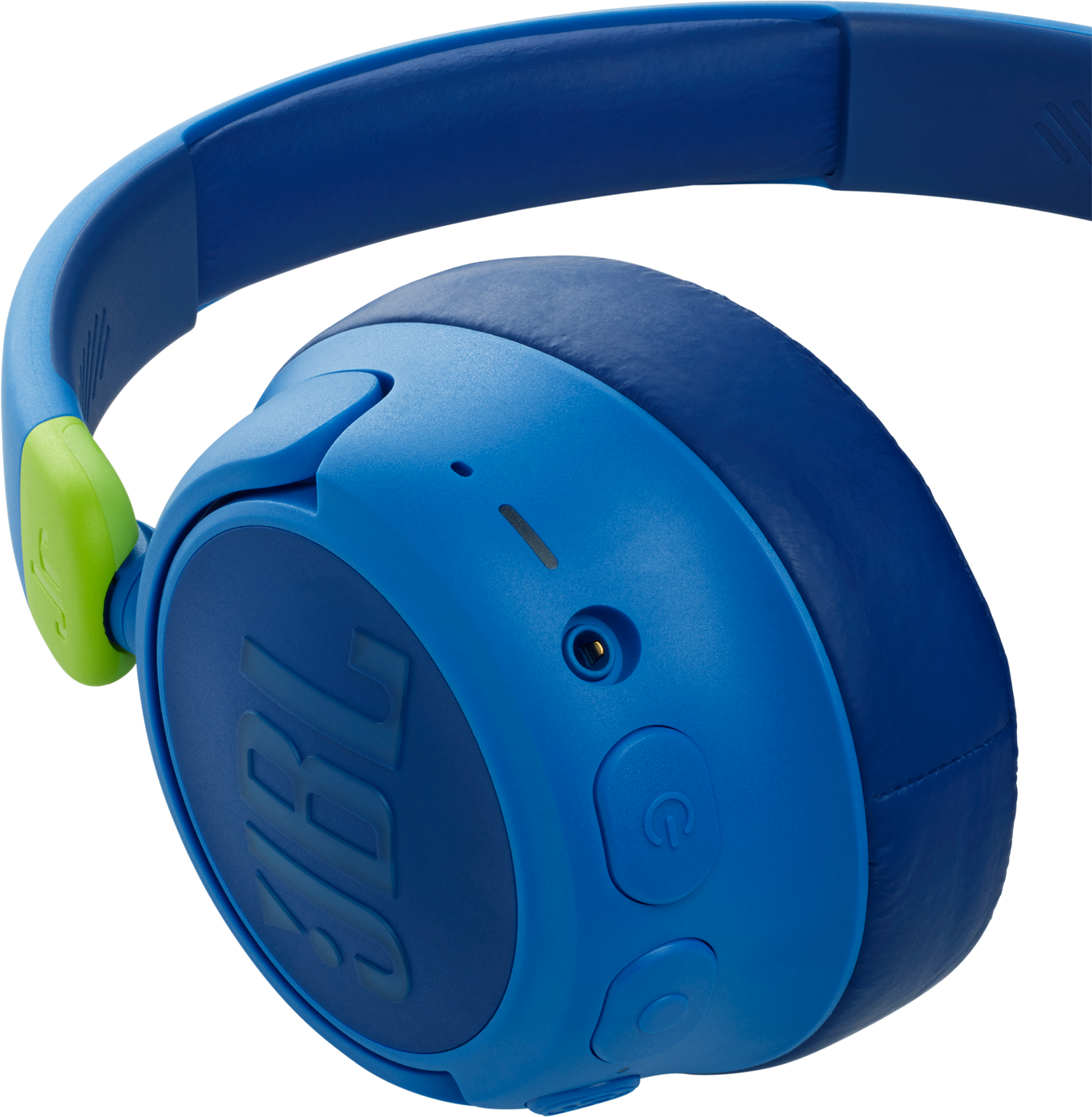 Blaue und grüne JBL-Kopfhörer mit Steuertasten auf weißem Hintergrund.