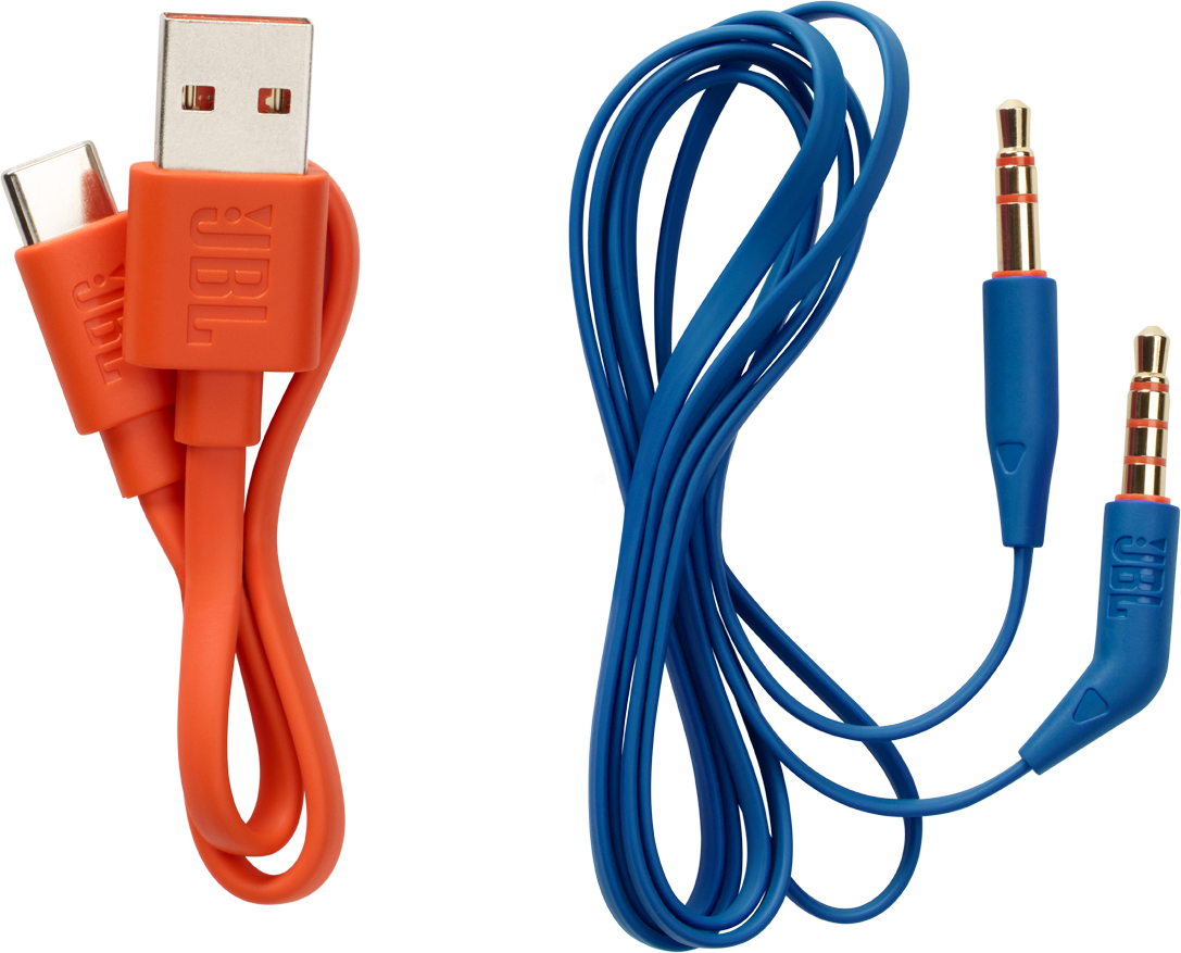Zwei orangefarbene USB- und Typ-C-Kabel sowie ein blaues Audiokabel.
