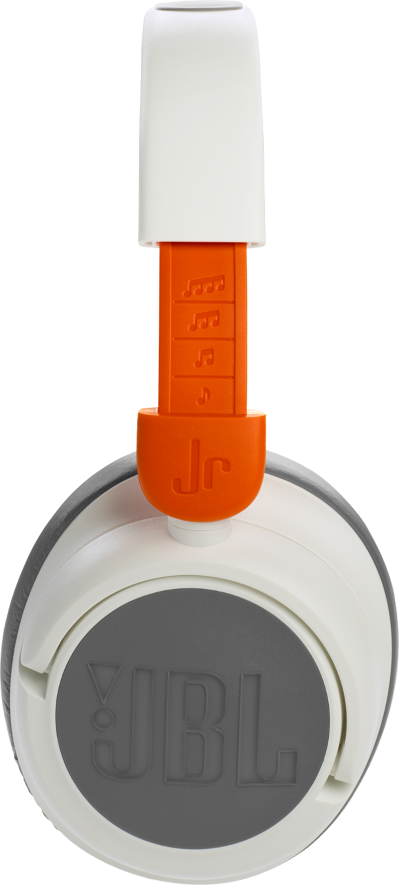 Weiße und graue JBL-Kopfhörer mit orangefarbenen Details am Bügel.