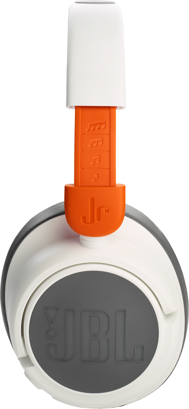 Weiße und graue JBL Kopfhörer. Oranges Band mit Musiknoten. Die Ohrmuscheln sind rund.