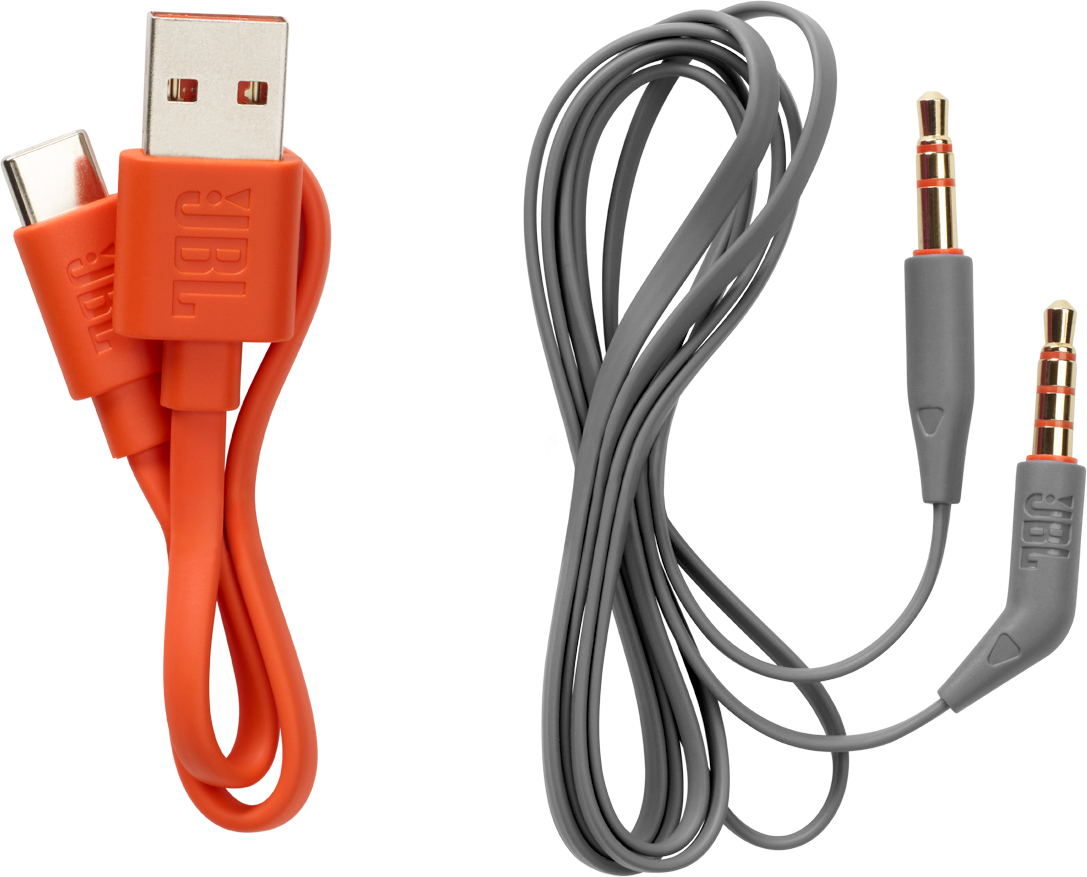 Orange und graue JBL-Kabel. USB-C und 3,5-mm-Audio.
