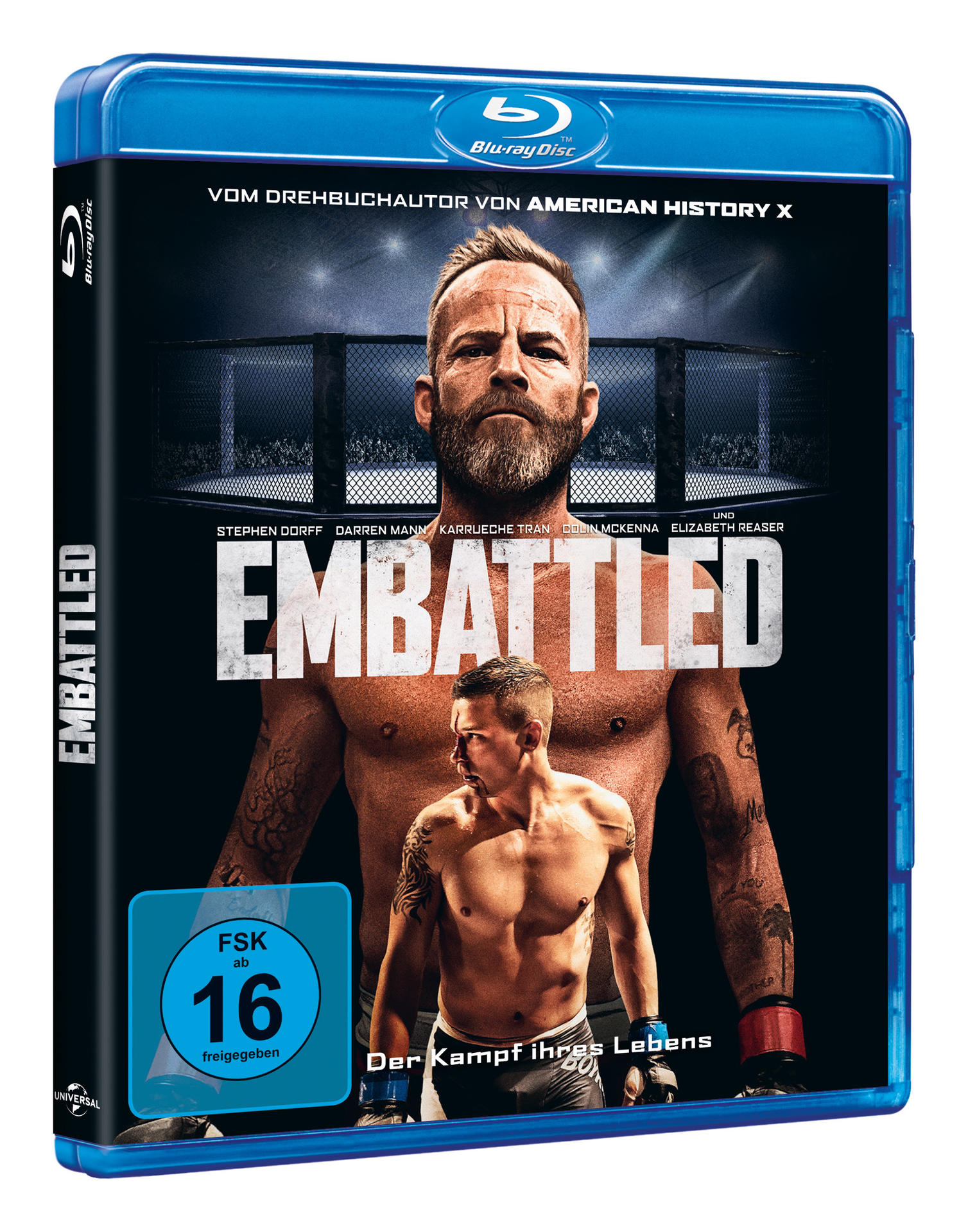 Blu-ray-Hülle. Zwei Männer in einem achteckigen Käfig. Titel ist 'Embattled' mit Namen der Darsteller darüber.