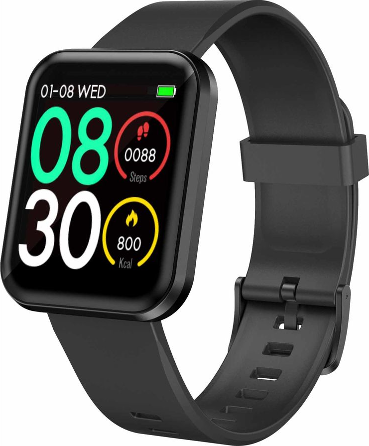 Une montre intelligente noire avec un affichage numérique indiquant l'heure, les pas et les calories brûlées.