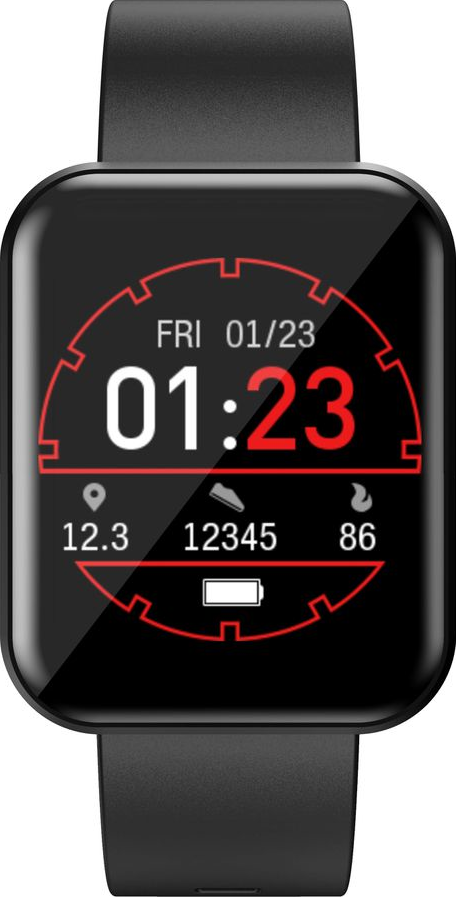 Smartwatch noire affichant l'heure, la date et les mesures fitness. Bracelet noir.