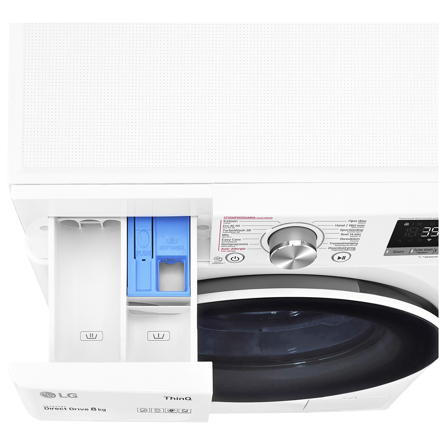 Een witte wasmachine met de wasmiddellade open, met een bedieningspaneel.
