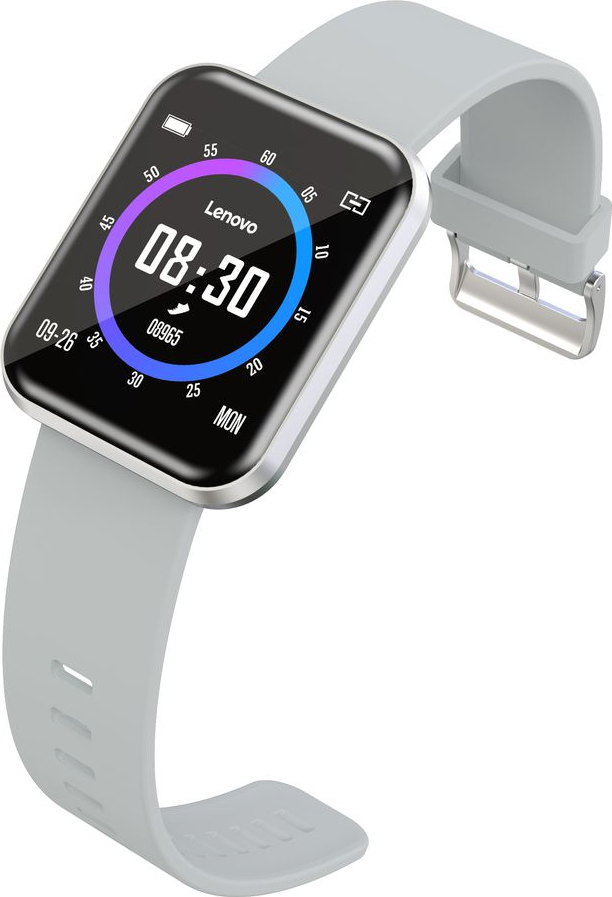 Smartwatch Lenovo grise avec écran rectangulaire affichant l'heure et la date. Bracelet gris.