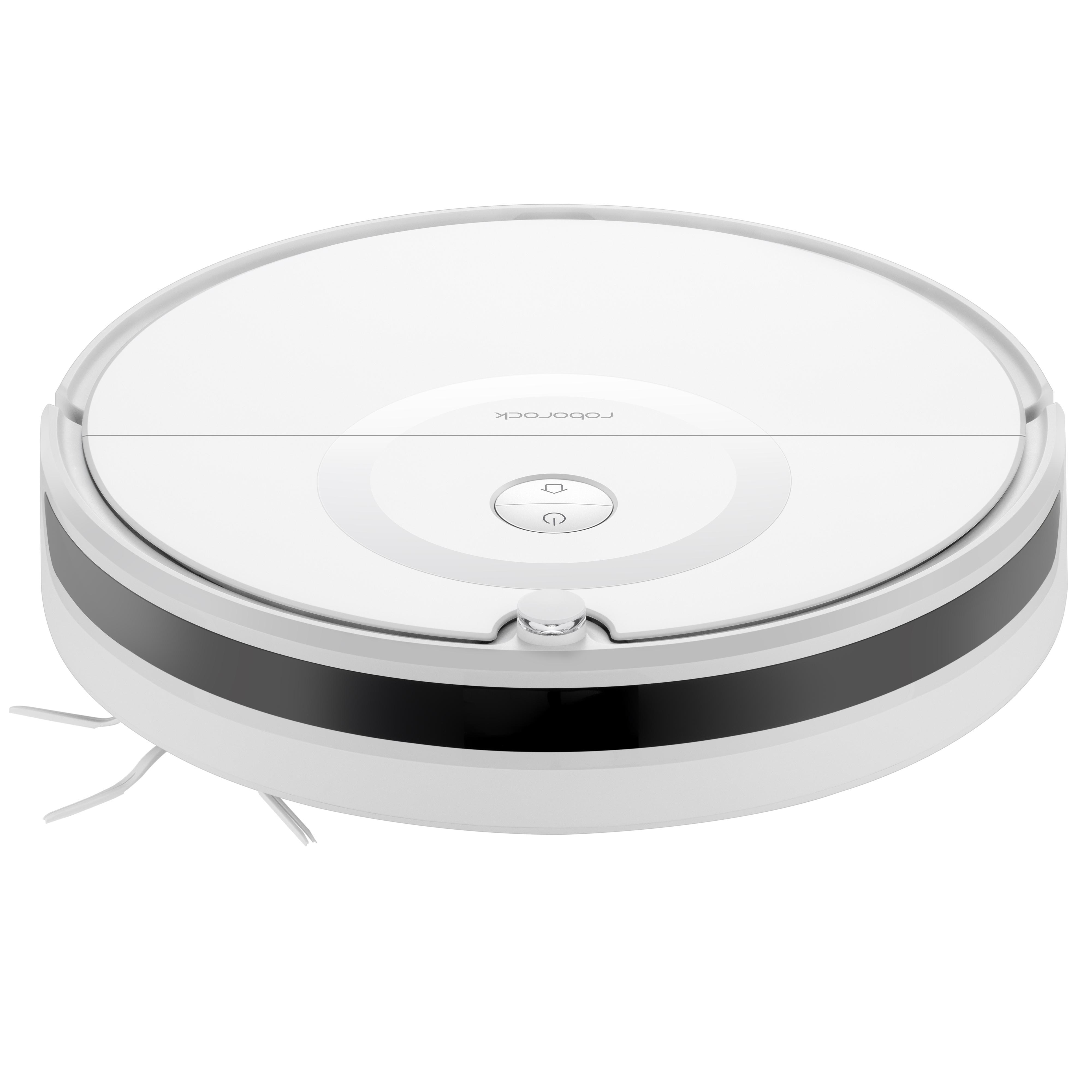 Ein weißer, runder Roboter-Staubsauger mit schwarzem Band und zwei kleinen Bürsten.