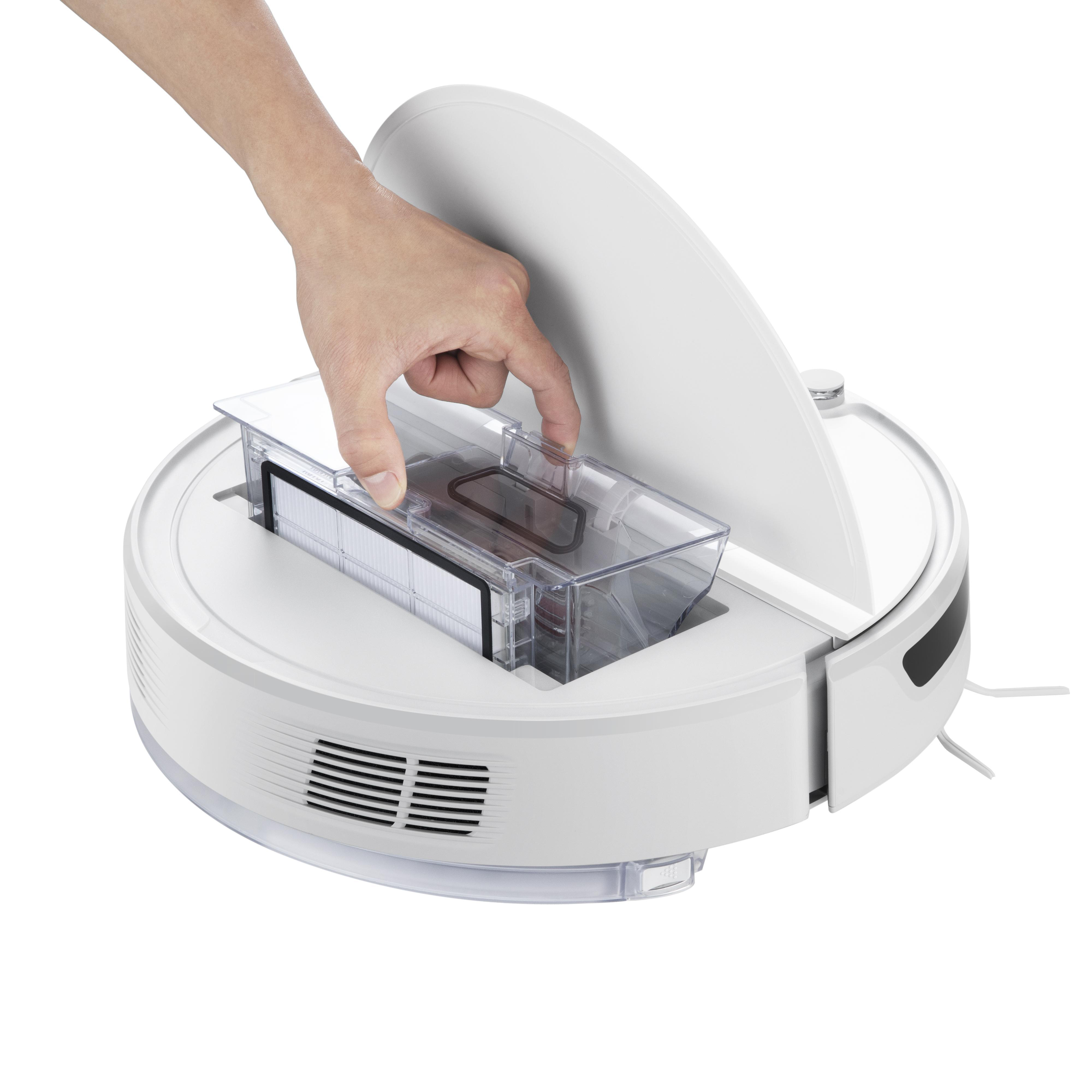 Eine Hand hebt einen Behälter von einem weißen, runden Roboter-Staubsauger ab.
