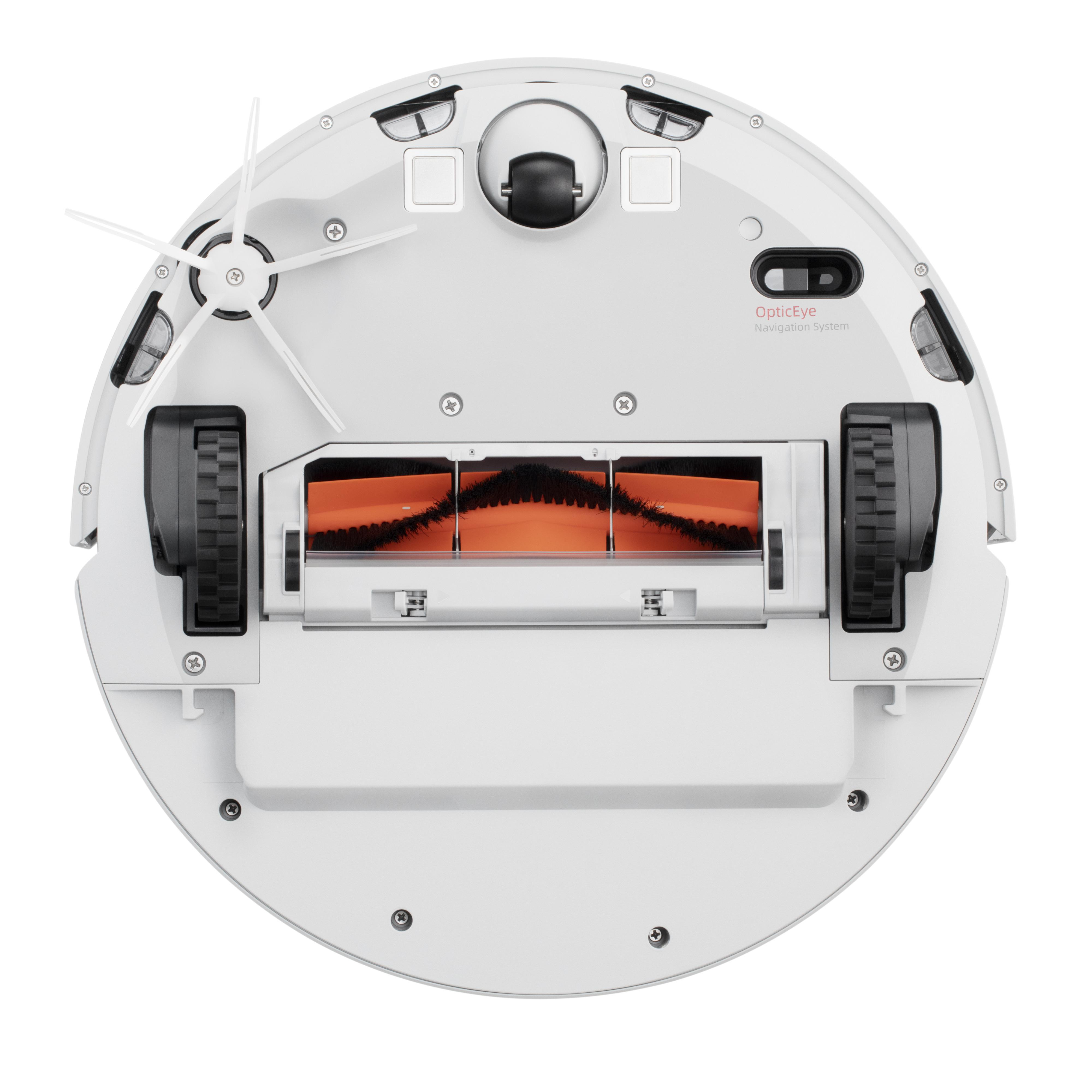 Weiße Roboter-Staubsauger, Draufsicht. Mit schwarzen Rädern und orangefarbener Bürste.