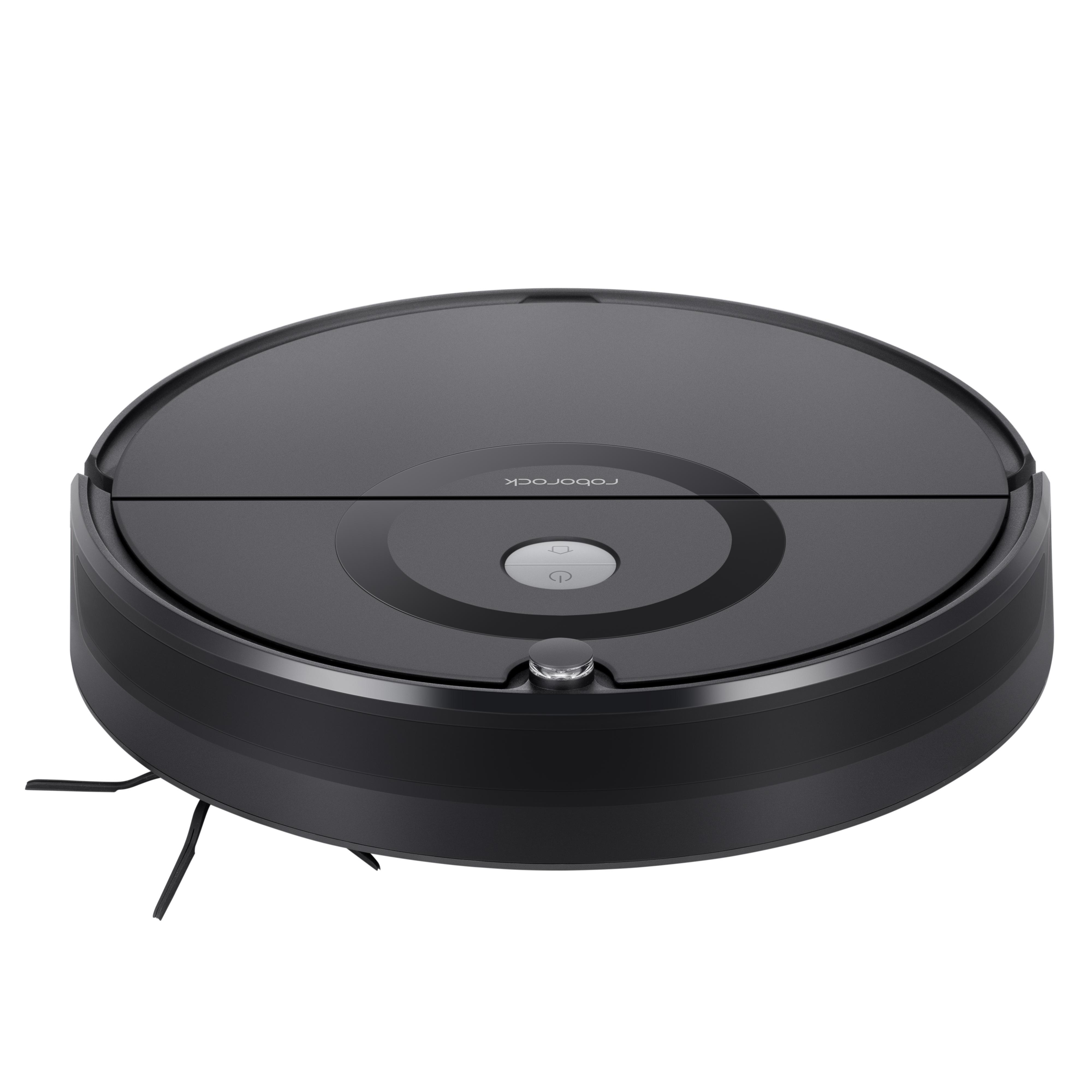 Schwarzer, runder Roborock Roboter-Staubsauger, Draufsicht, mit Power- und Reinigungstasten.