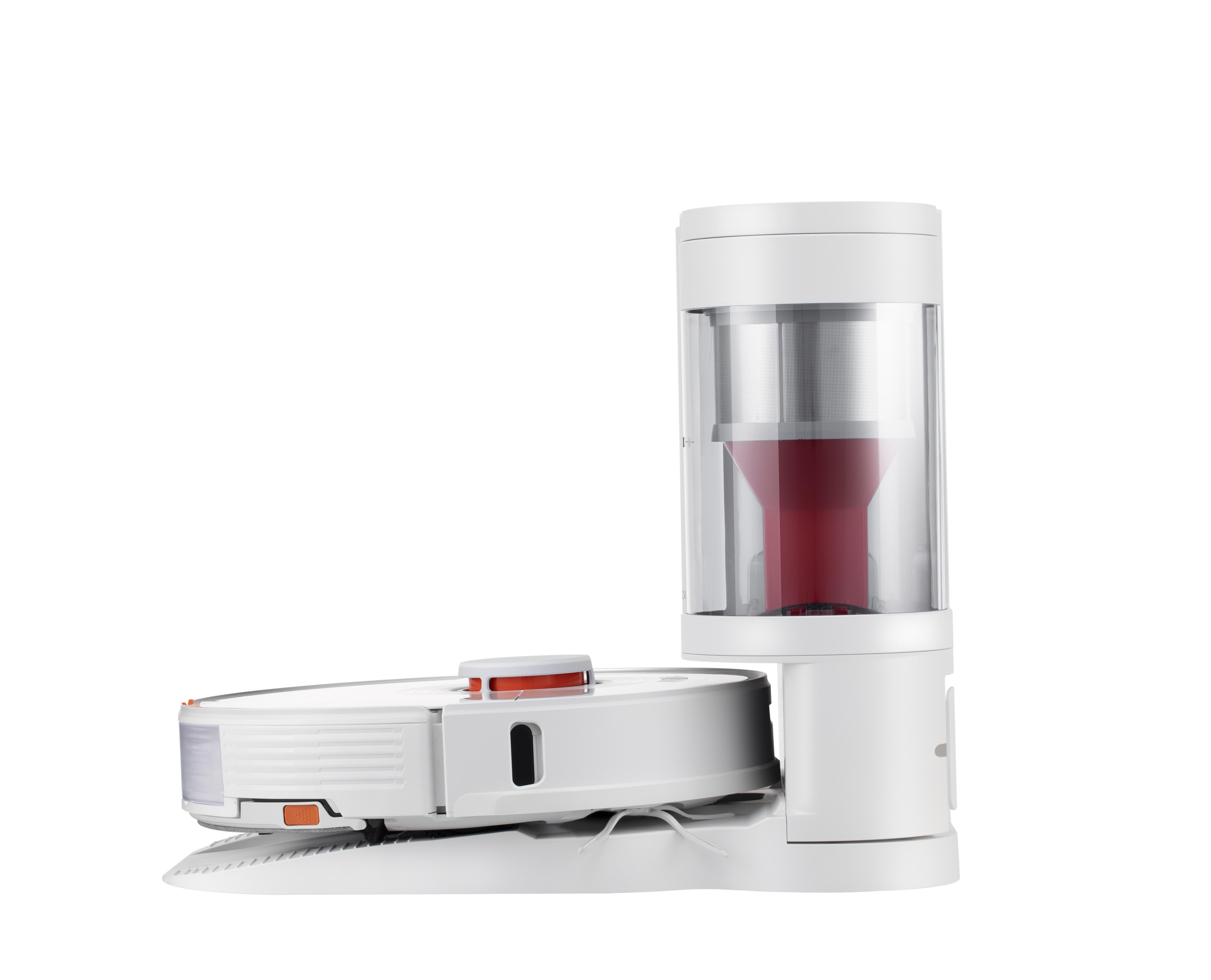 Weißer Roboter-Staubsauger und seine Ladestation. Rotes und weißes Farbschema.