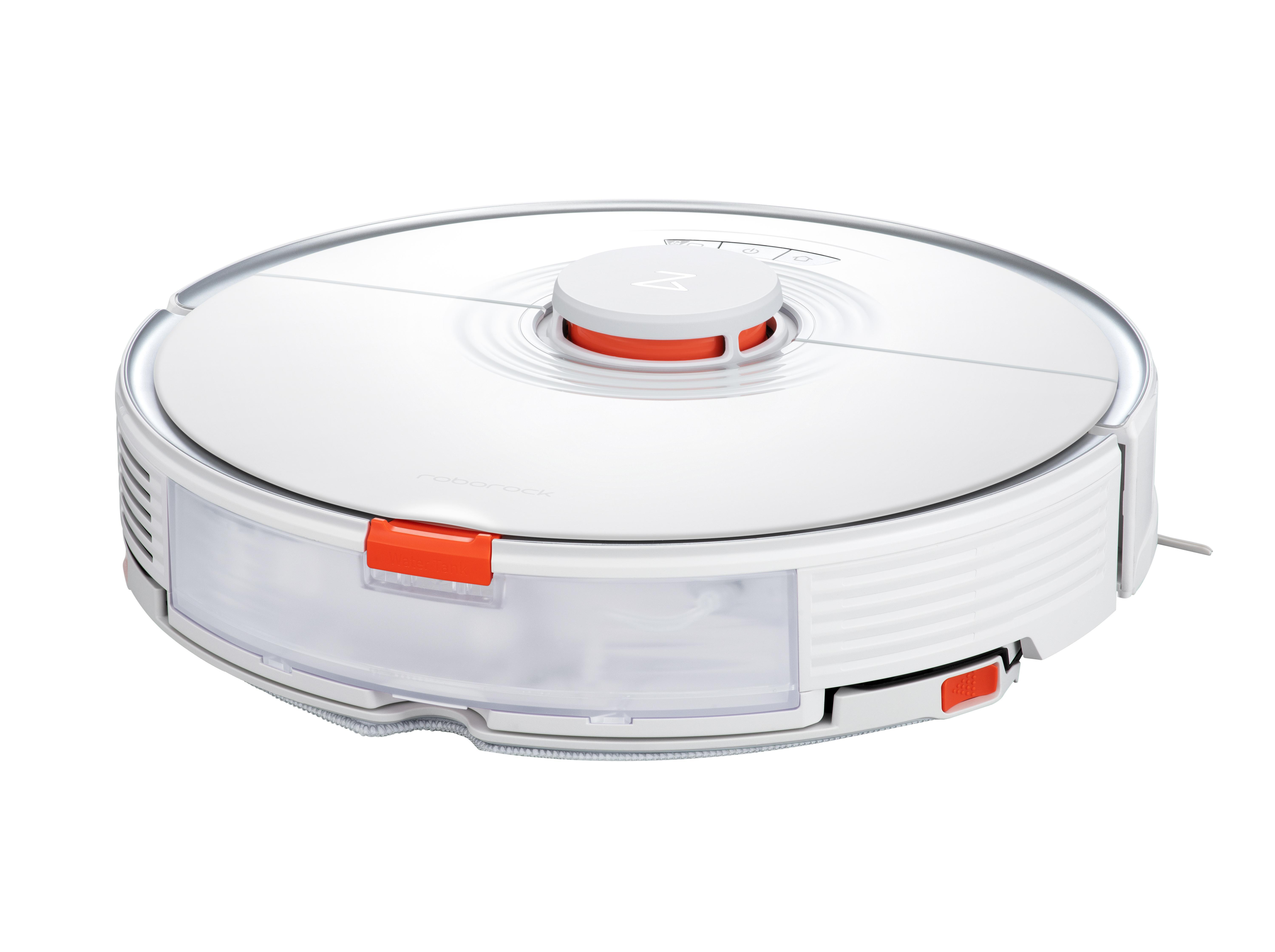 Ein weißer Roboter-Staubsauger mit orangefarbenen und grauen Akzenten auf weißem Hintergrund.