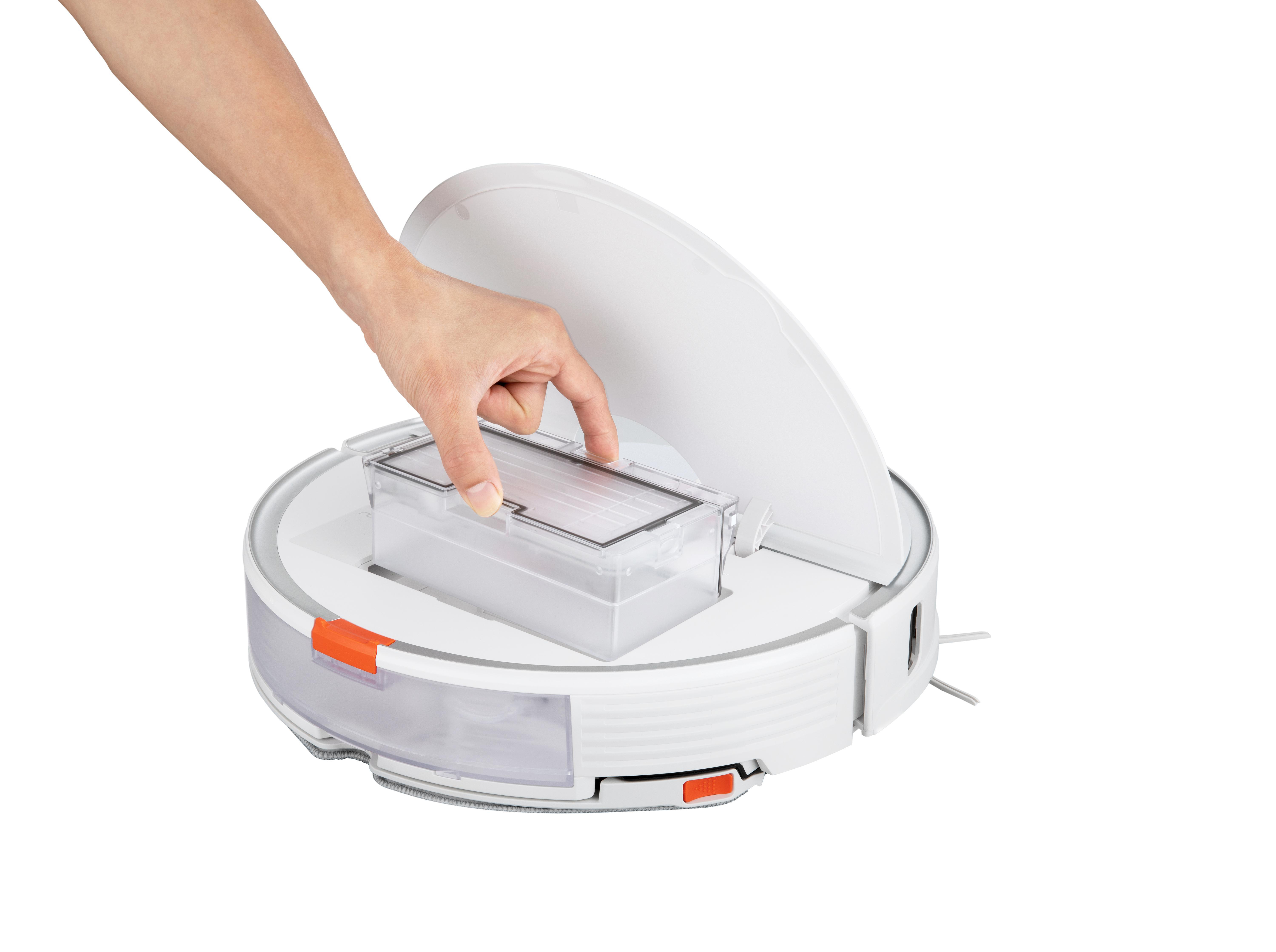 Roboter-Staubsauger. Eine Hand entfernt einen Staubbehälter von der Oberseite des Geräts.