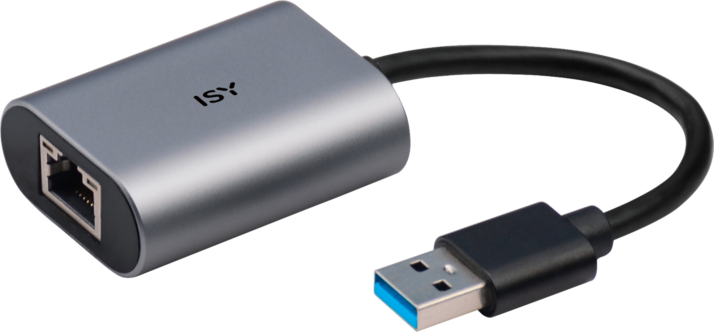 Grauer USB-zu-Ethernet-Adapter. Schwarzes Kabel und USB-Anschluss.