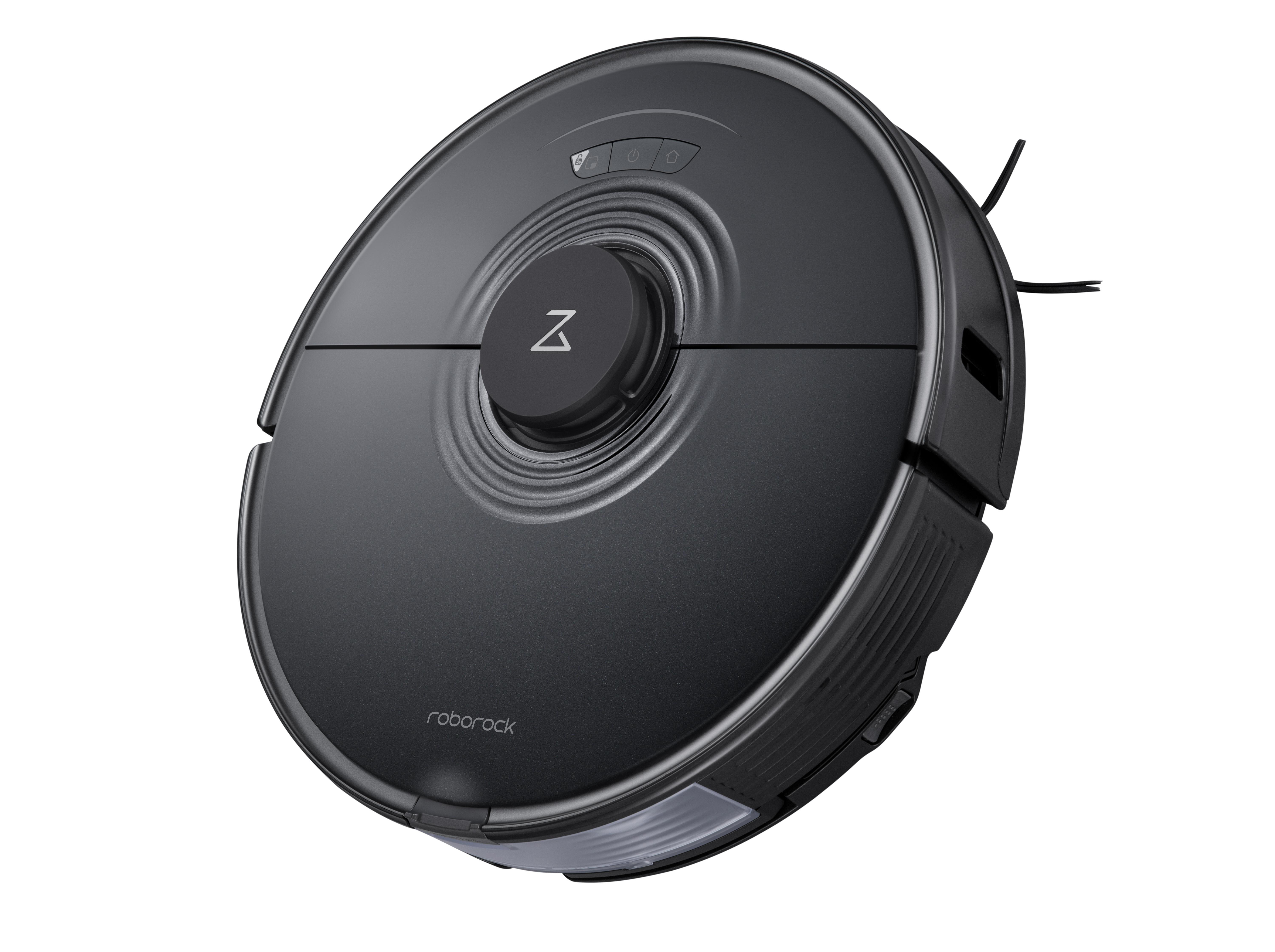 Ein schwarzer Roborock Staubsaugerroboter auf weißem Hintergrund, von oben abgewinkelt.