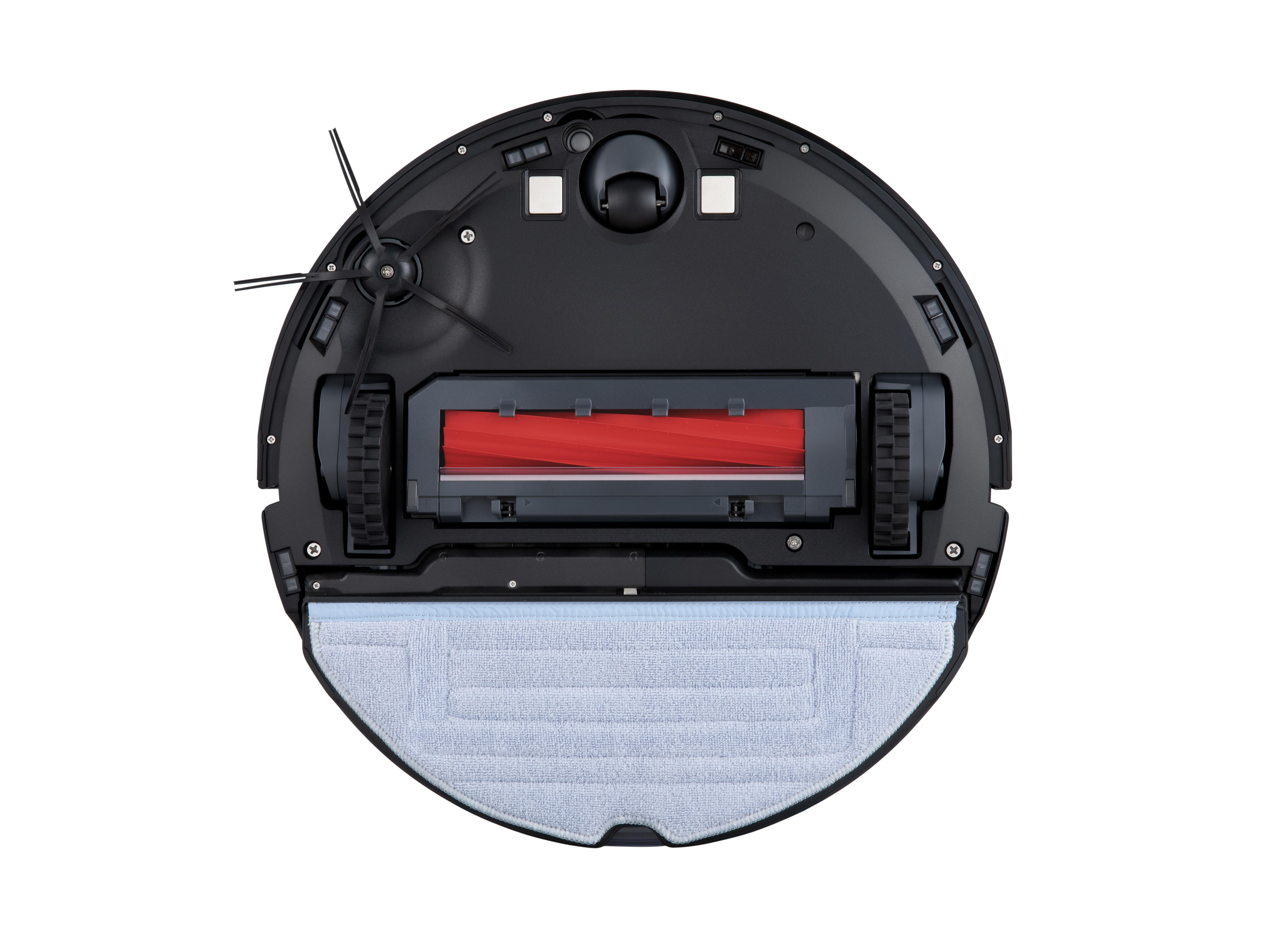 Die Unterseite eines schwarzen Roboter-Staubsaugers mit roter Bürste und grauem Tuch.